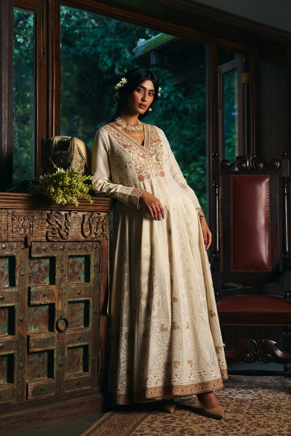 Ivory Chikankari Anarkali with Zardozi Embroidered Yoke and Gold Border - Mokshaa