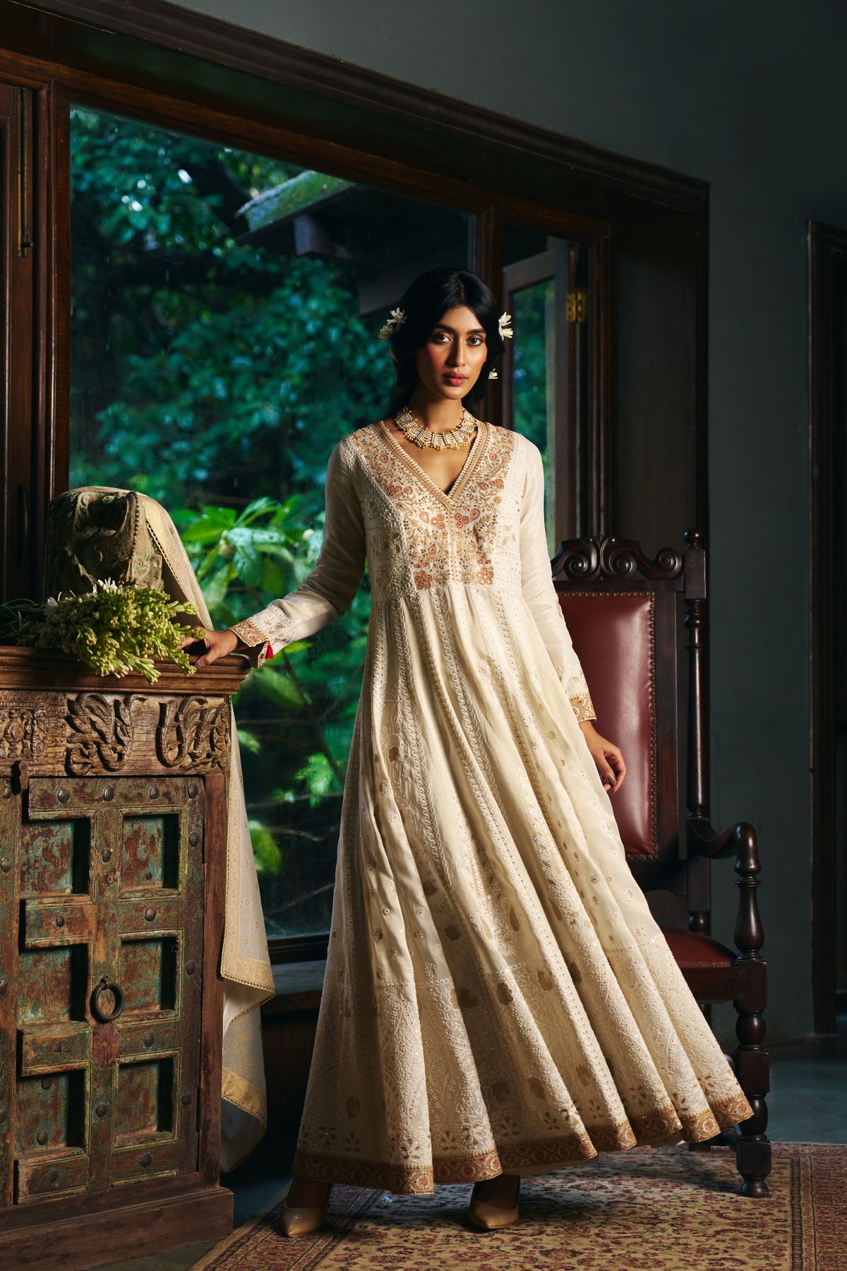 Ivory Chikankari Anarkali with Zardozi Embroidered Yoke and Gold Border - Mokshaa