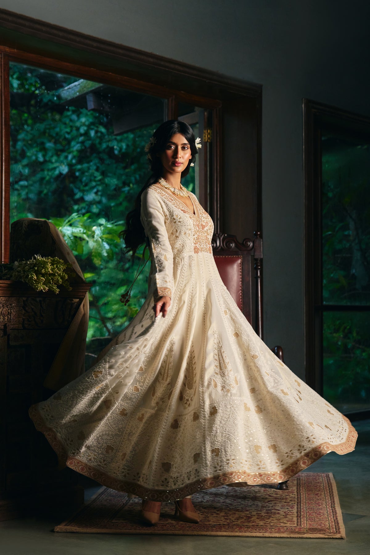 Ivory Chikankari Anarkali with Zardozi Embroidered Yoke and Gold Border - Mokshaa