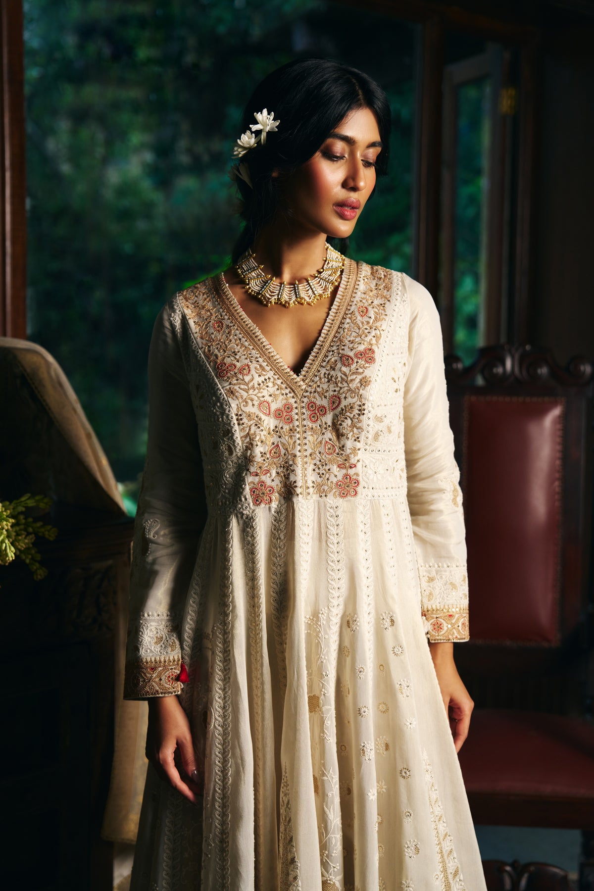 Ivory Chikankari Anarkali with Zardozi Embroidered Yoke and Gold Border - Mokshaa