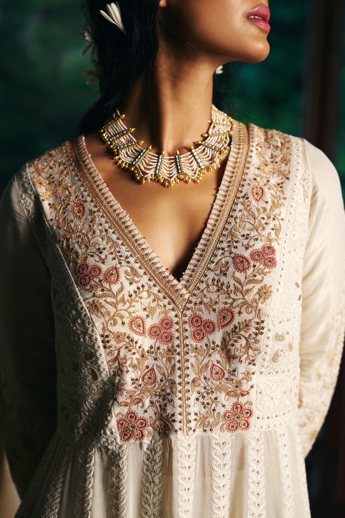 Ivory Chikankari Anarkali with Zardozi Embroidered Yoke and Gold Border - Mokshaa