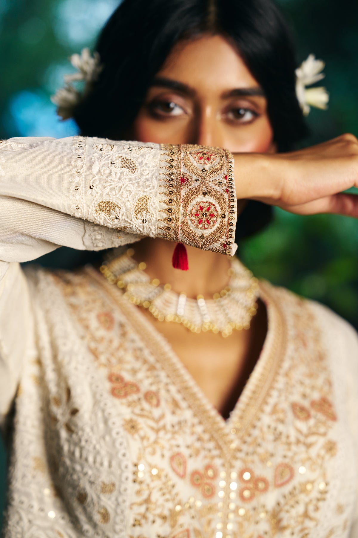 Ivory Chikankari Anarkali with Zardozi Embroidered Yoke and Gold Border - Mokshaa
