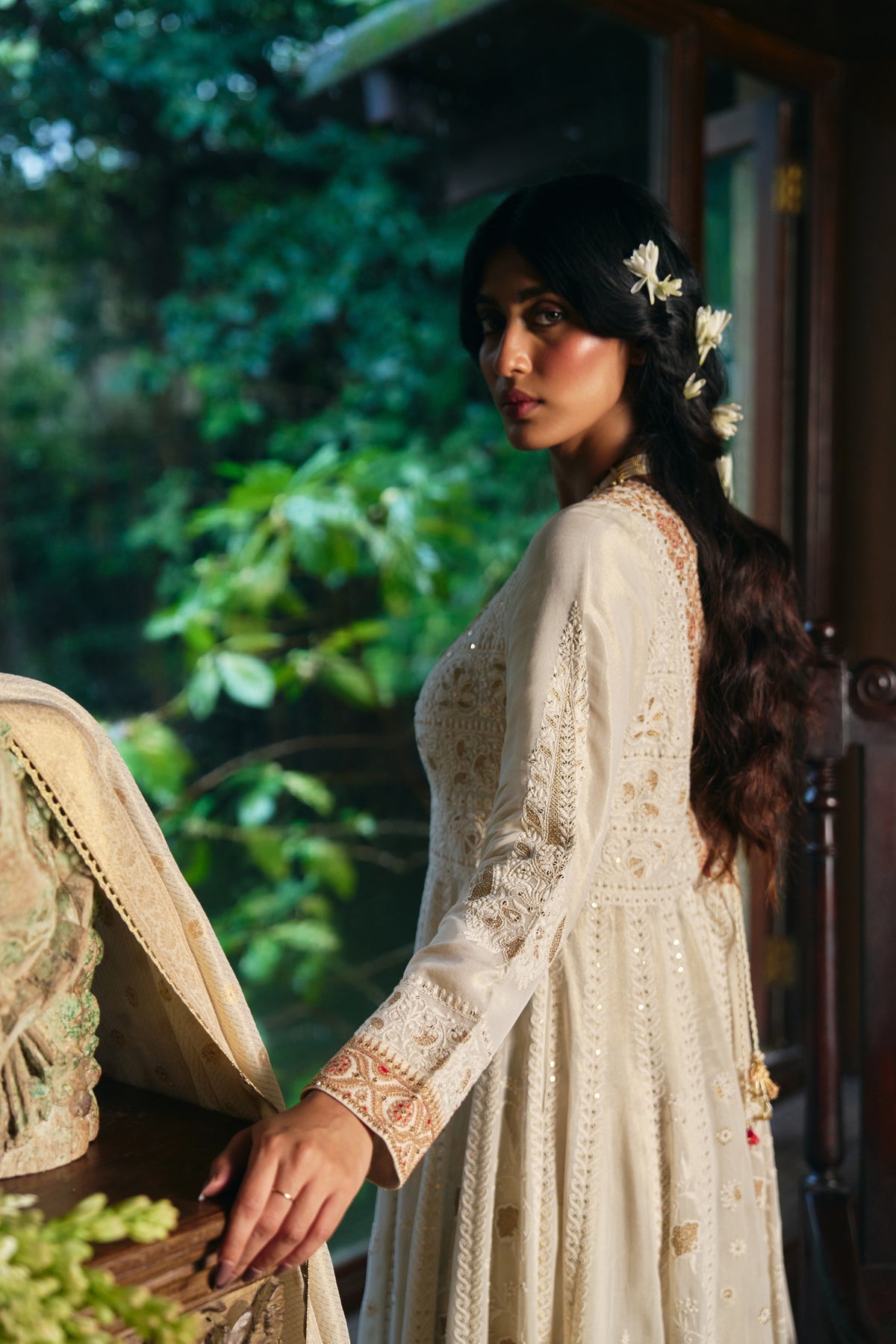 Ivory Chikankari Anarkali with Zardozi Embroidered Yoke and Gold Border - Mokshaa