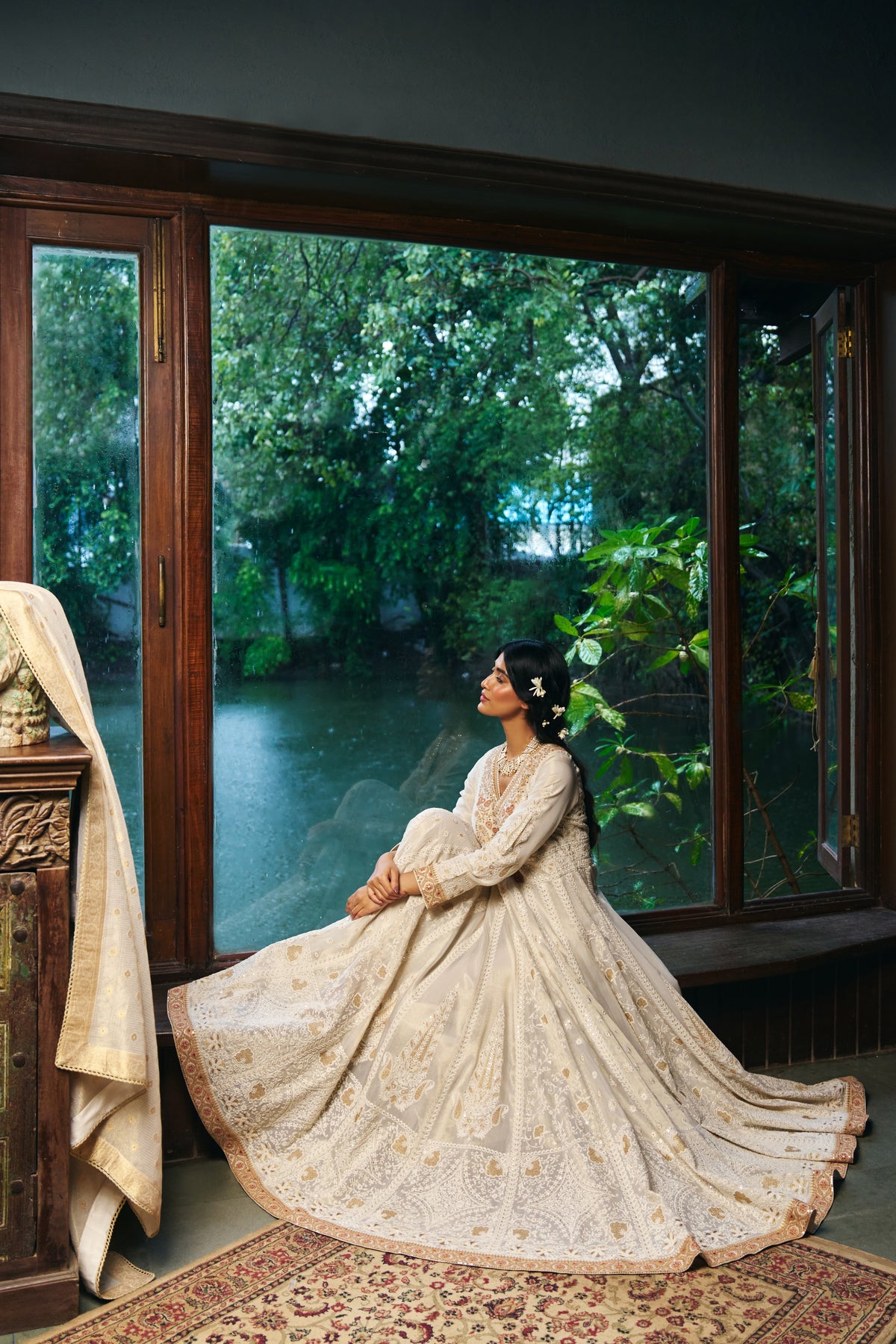 Ivory Chikankari Anarkali with Zardozi Embroidered Yoke and Gold Border - Mokshaa
