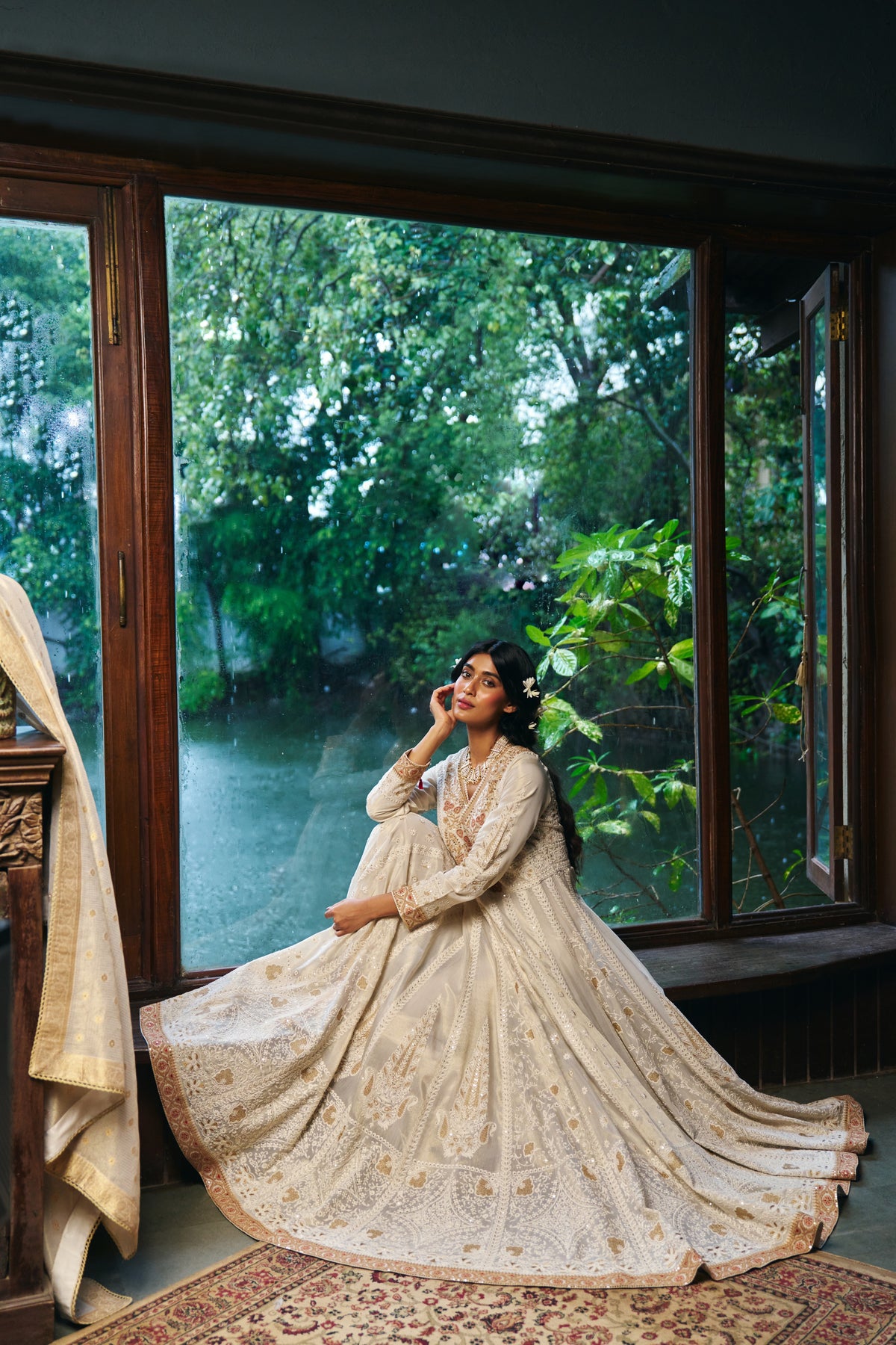 Ivory Chikankari Anarkali with Zardozi Embroidered Yoke and Gold Border - Mokshaa