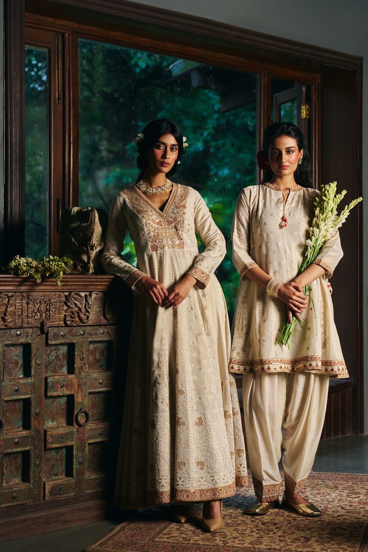 Ivory Tissue Chanderi Kurta Set with Chikankari Thread Work and Tulip Salwar - Mokshaa