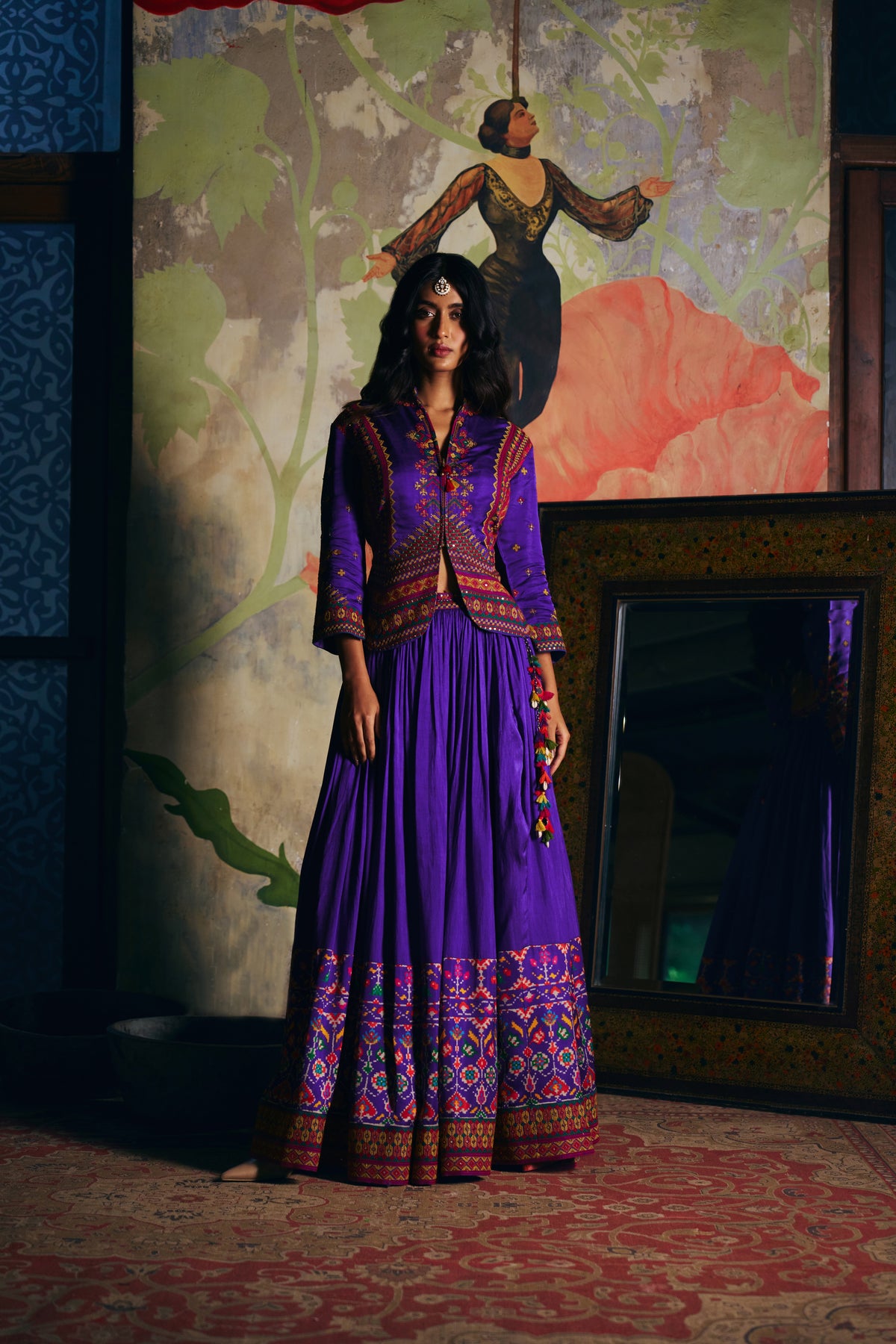Violet Silk Lehenga Set with Embroidered Jacket and Patola Border - Mokshaa