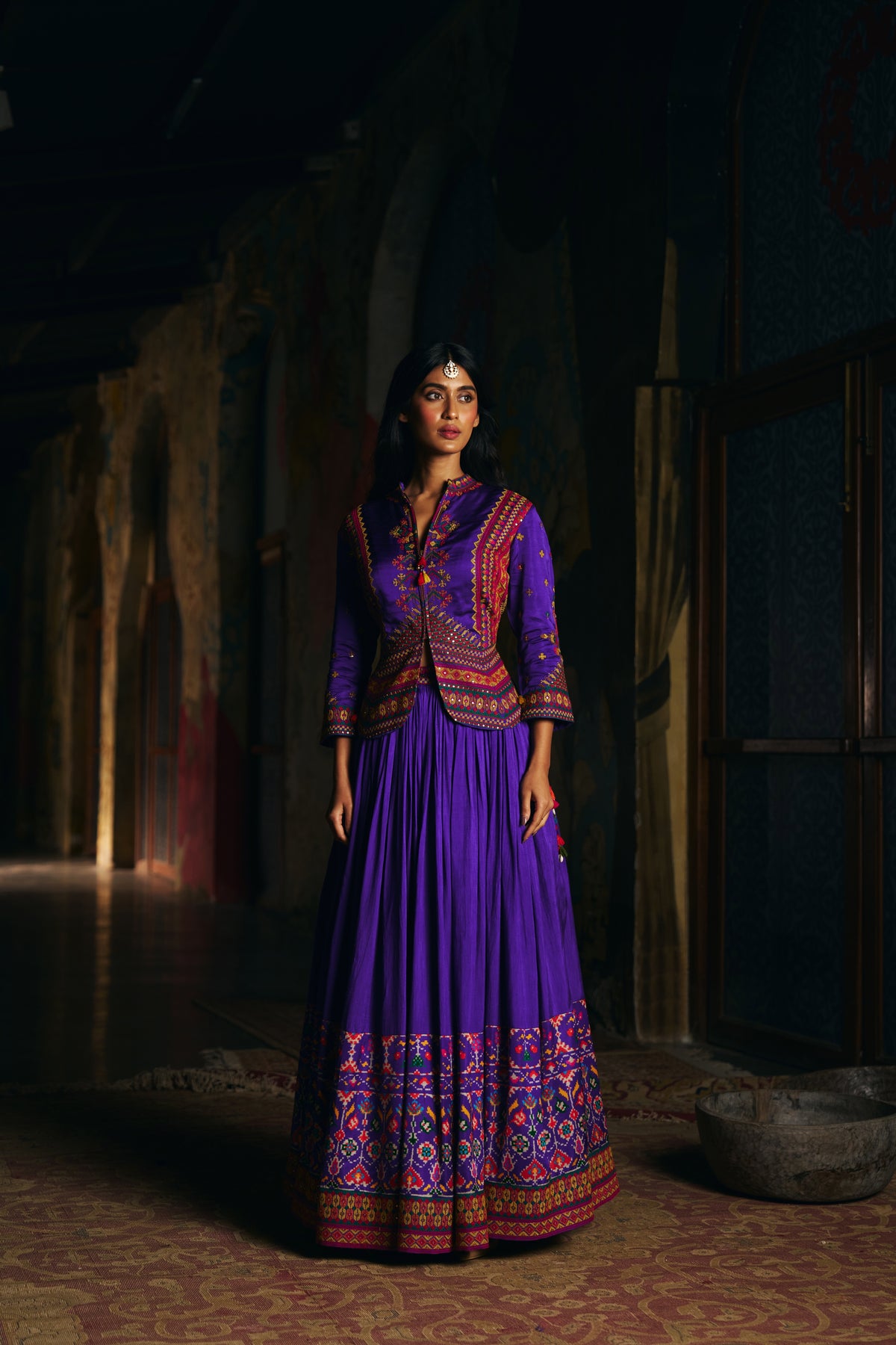 Violet Silk Lehenga Set with Embroidered Jacket and Patola Border - Mokshaa
