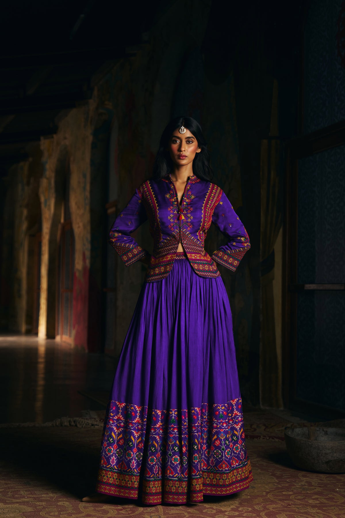 Violet Silk Lehenga Set with Embroidered Jacket and Patola Border - Mokshaa