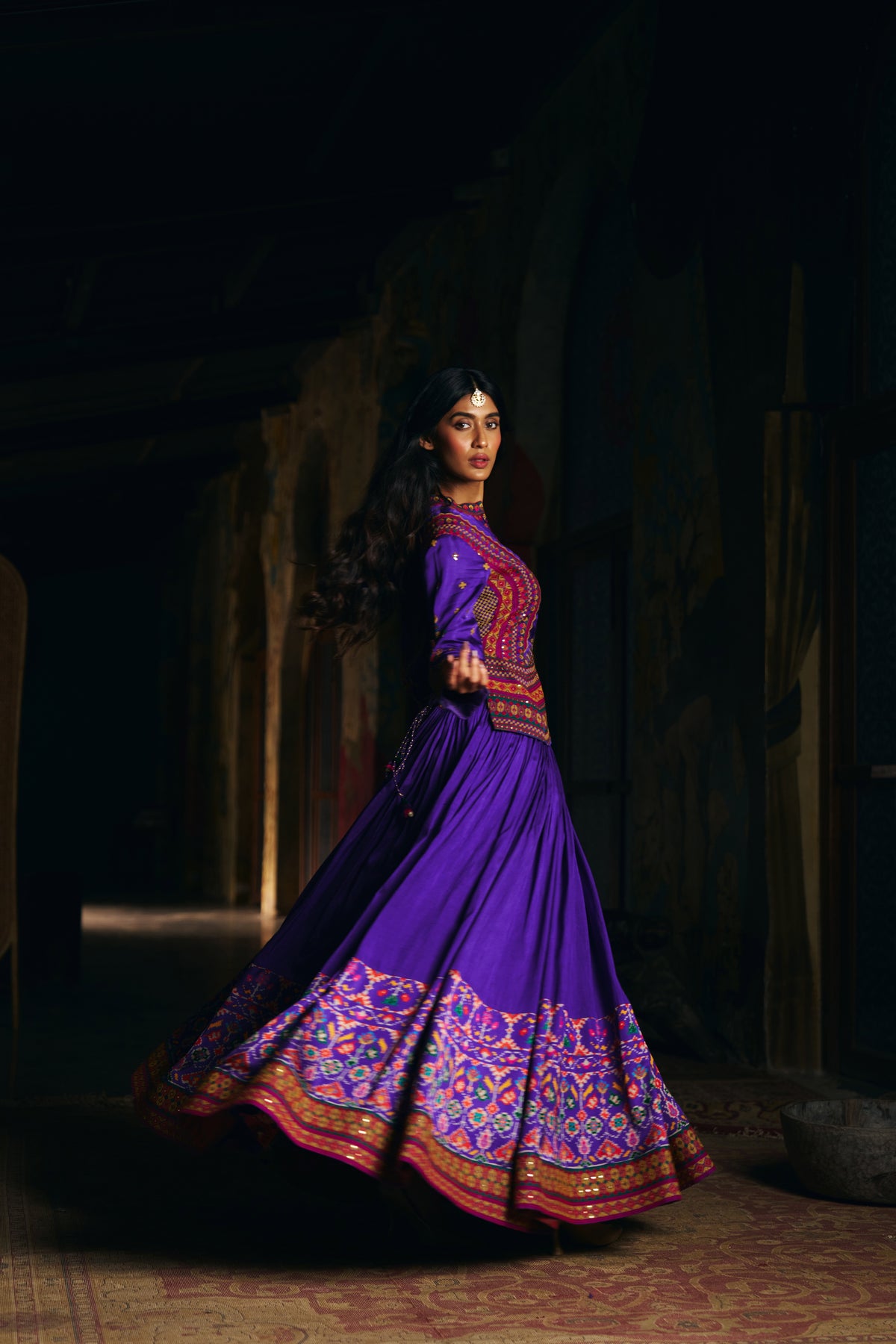 Violet Silk Lehenga Set with Embroidered Jacket and Patola Border - Mokshaa