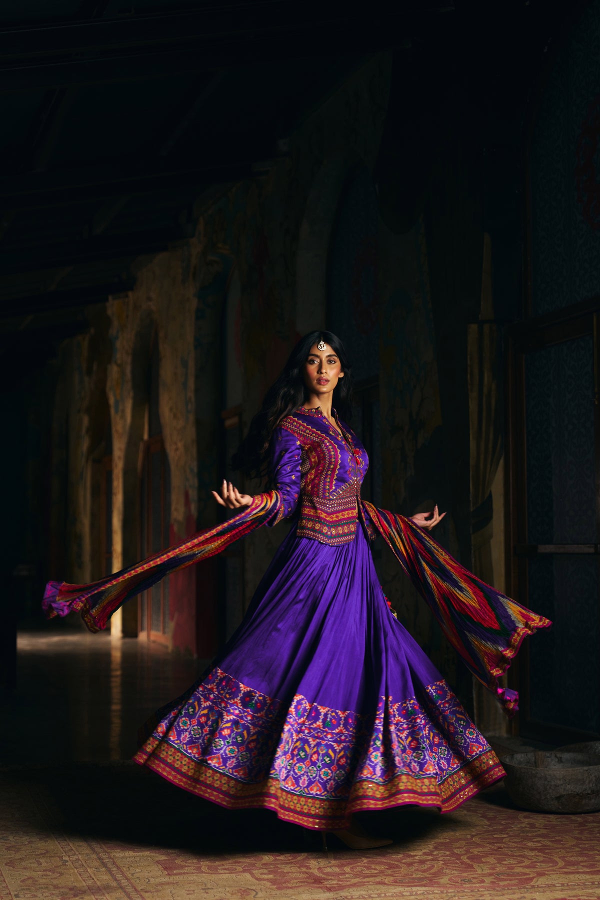 Violet Silk Lehenga Set with Embroidered Jacket and Patola Border - Mokshaa