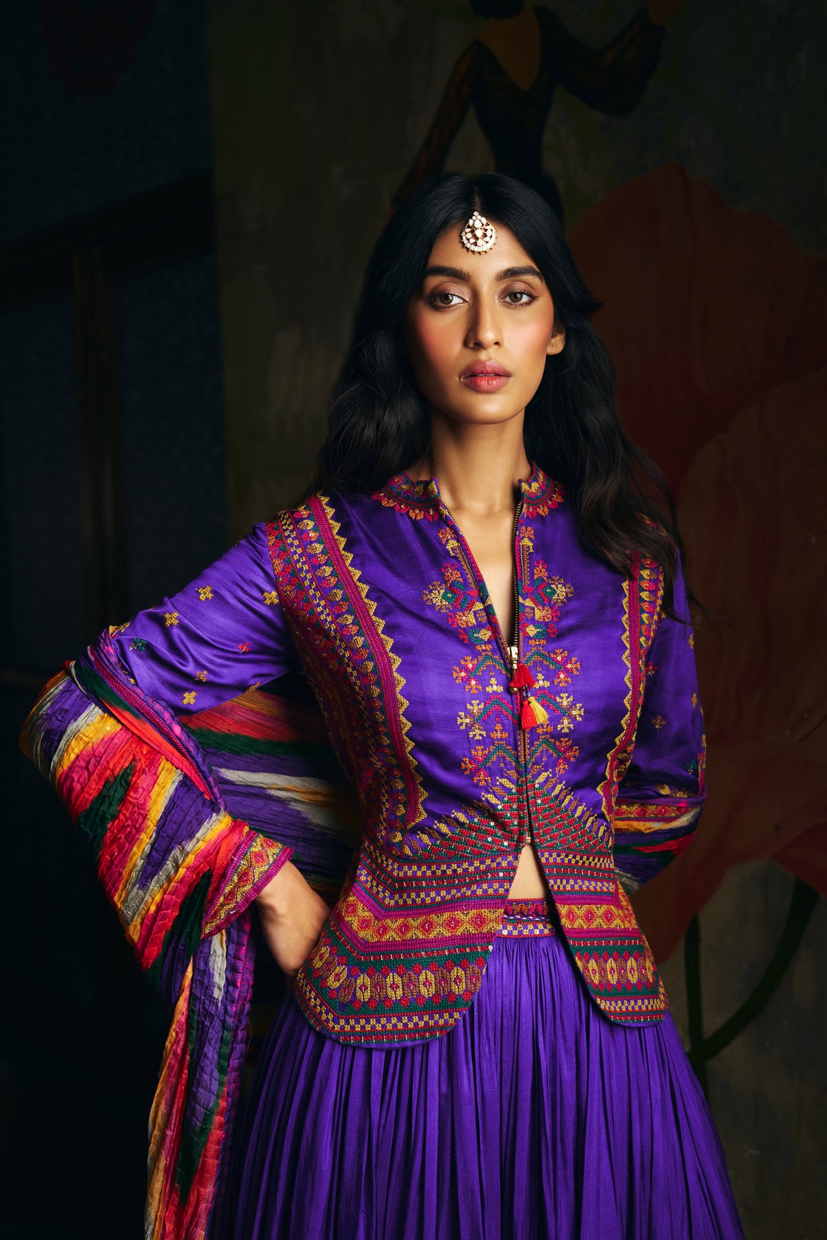 Violet Silk Lehenga Set with Embroidered Jacket and Patola Border - Mokshaa
