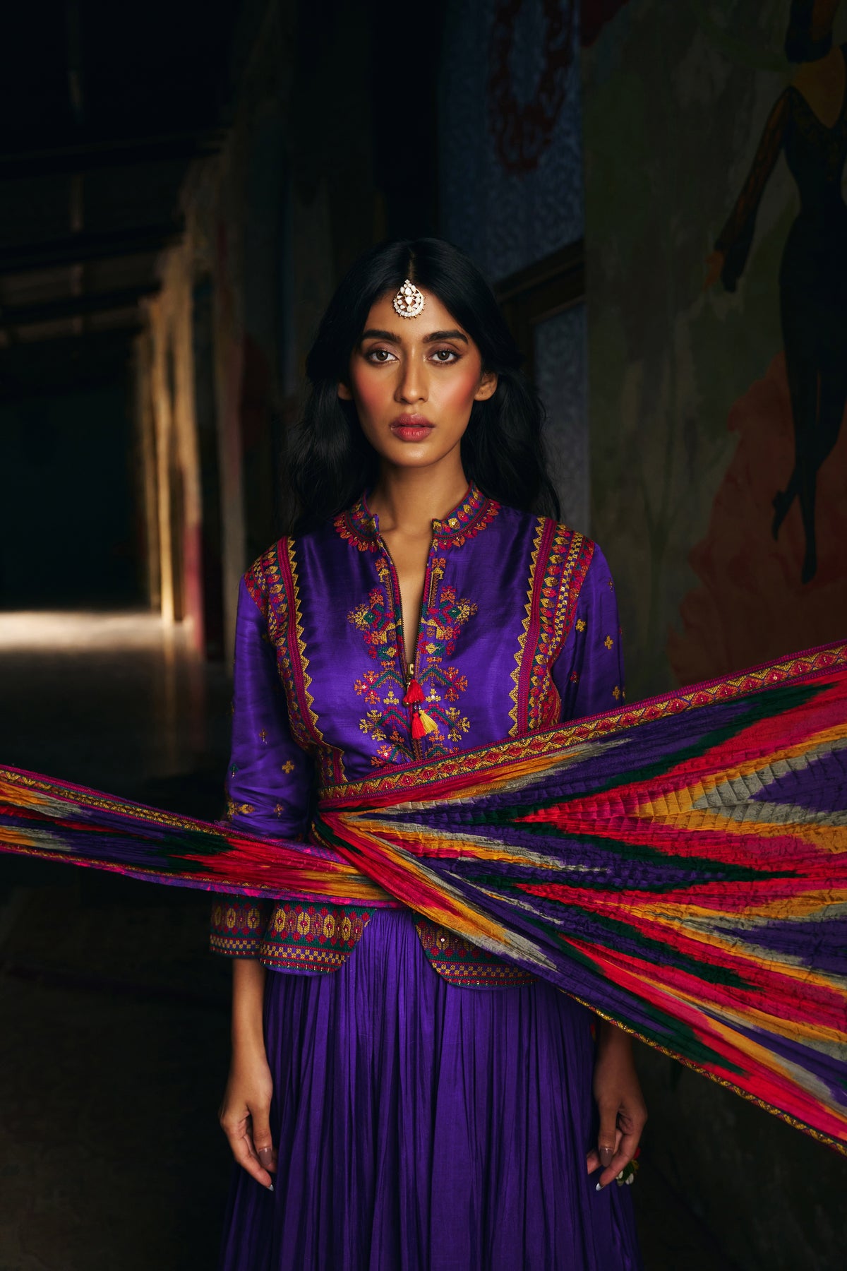 Violet Silk Lehenga Set with Embroidered Jacket and Patola Border - Mokshaa