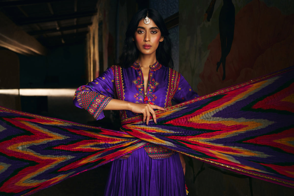 Violet Silk Lehenga Set with Embroidered Jacket and Patola Border - Mokshaa