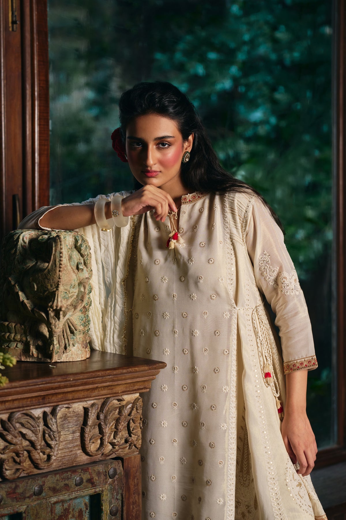 Ivory Tissue Chanderi Kurta Set with Chikankari Thread Work and Tulip Salwar - Mokshaa