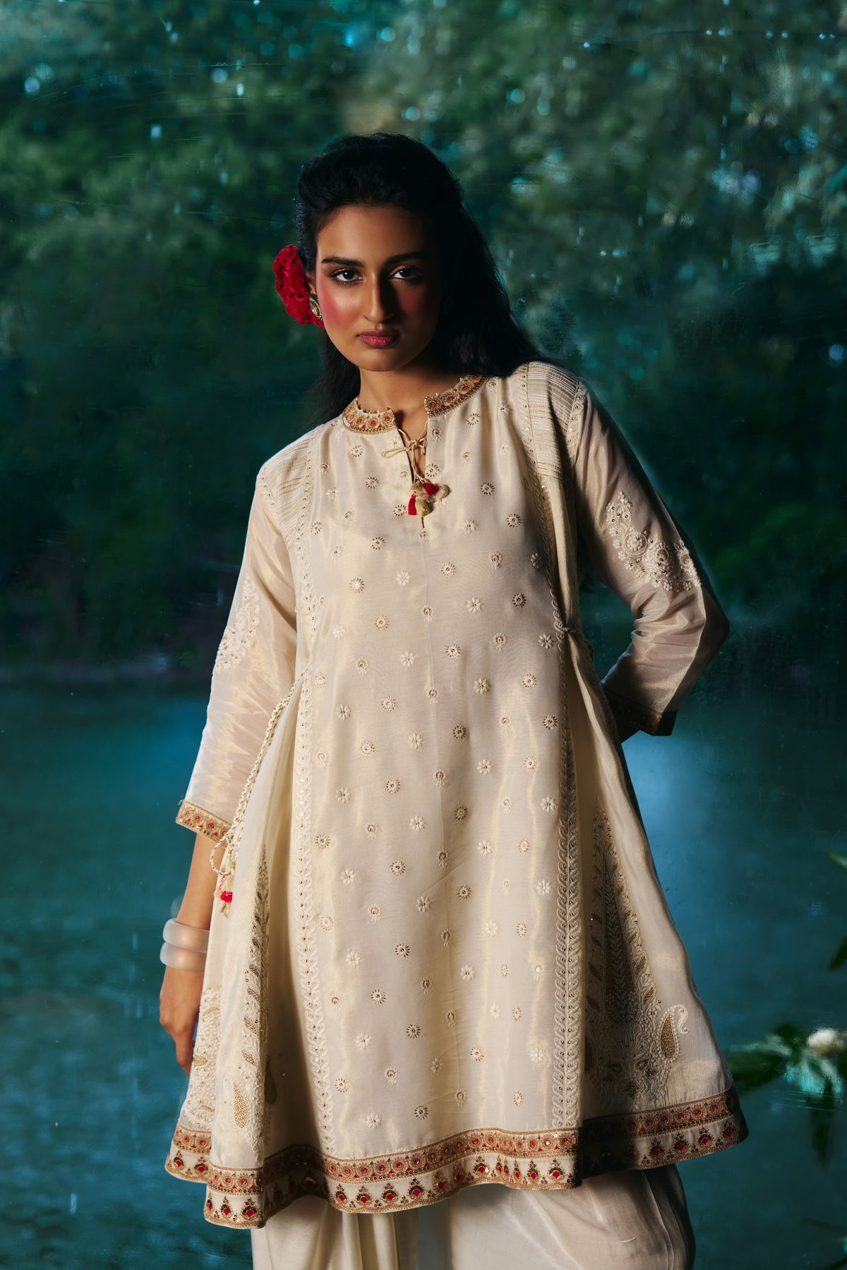 Ivory Tissue Chanderi Kurta Set with Chikankari Thread Work and Tulip Salwar - Mokshaa