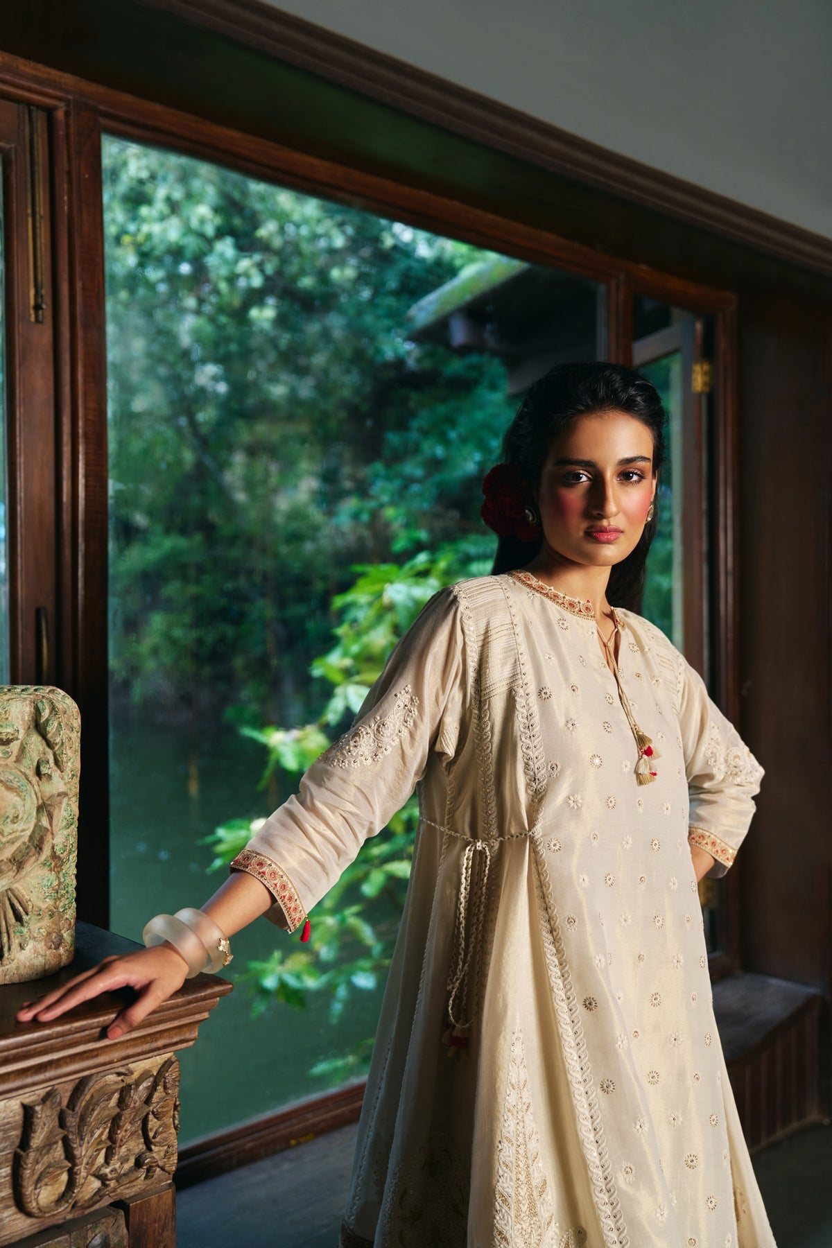 Ivory Tissue Chanderi Kurta Set with Chikankari Thread Work and Tulip Salwar - Mokshaa