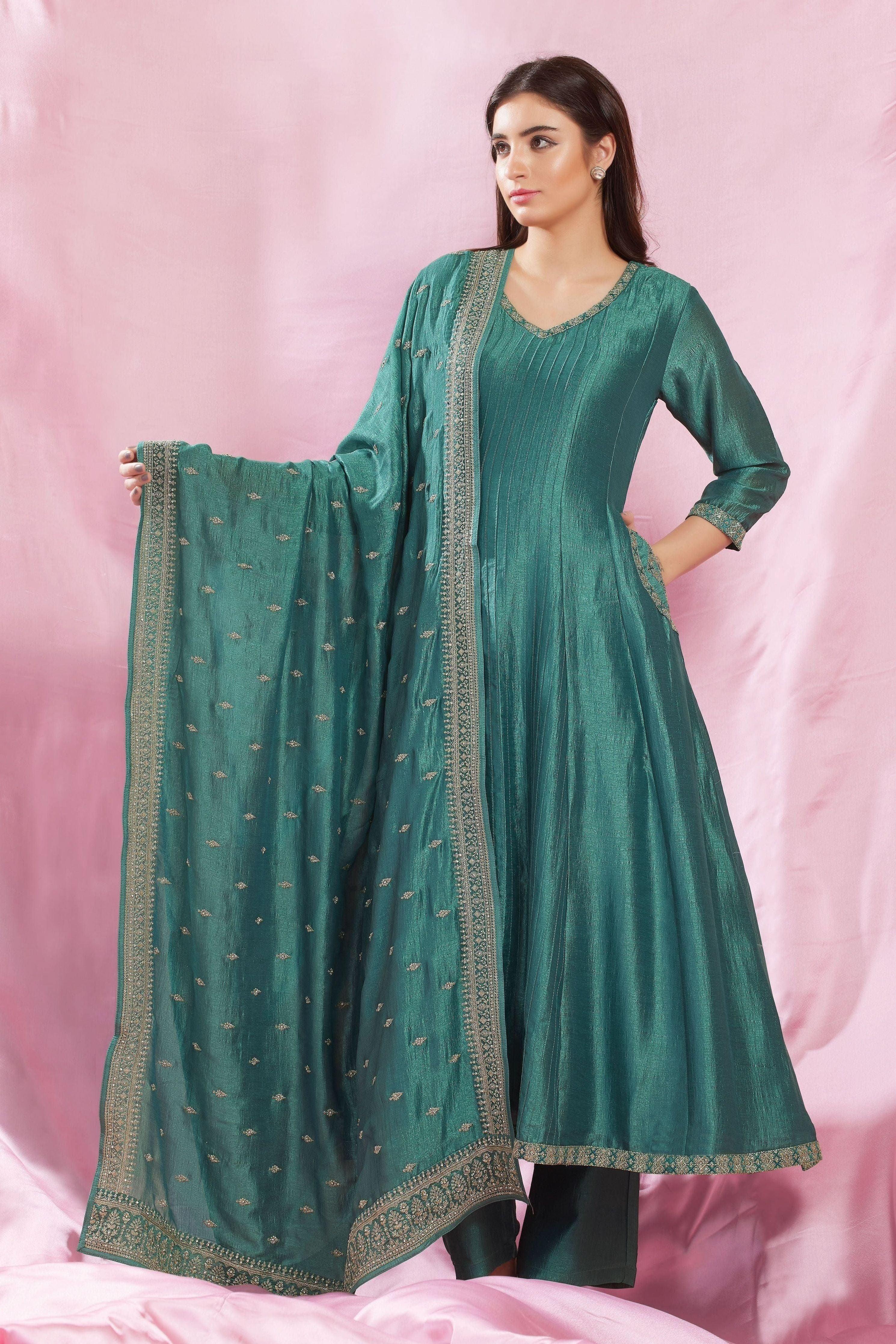 Elegant Teal Silk Anarkali Suit Set With Satin-Silk Dupatta - Mokshaa