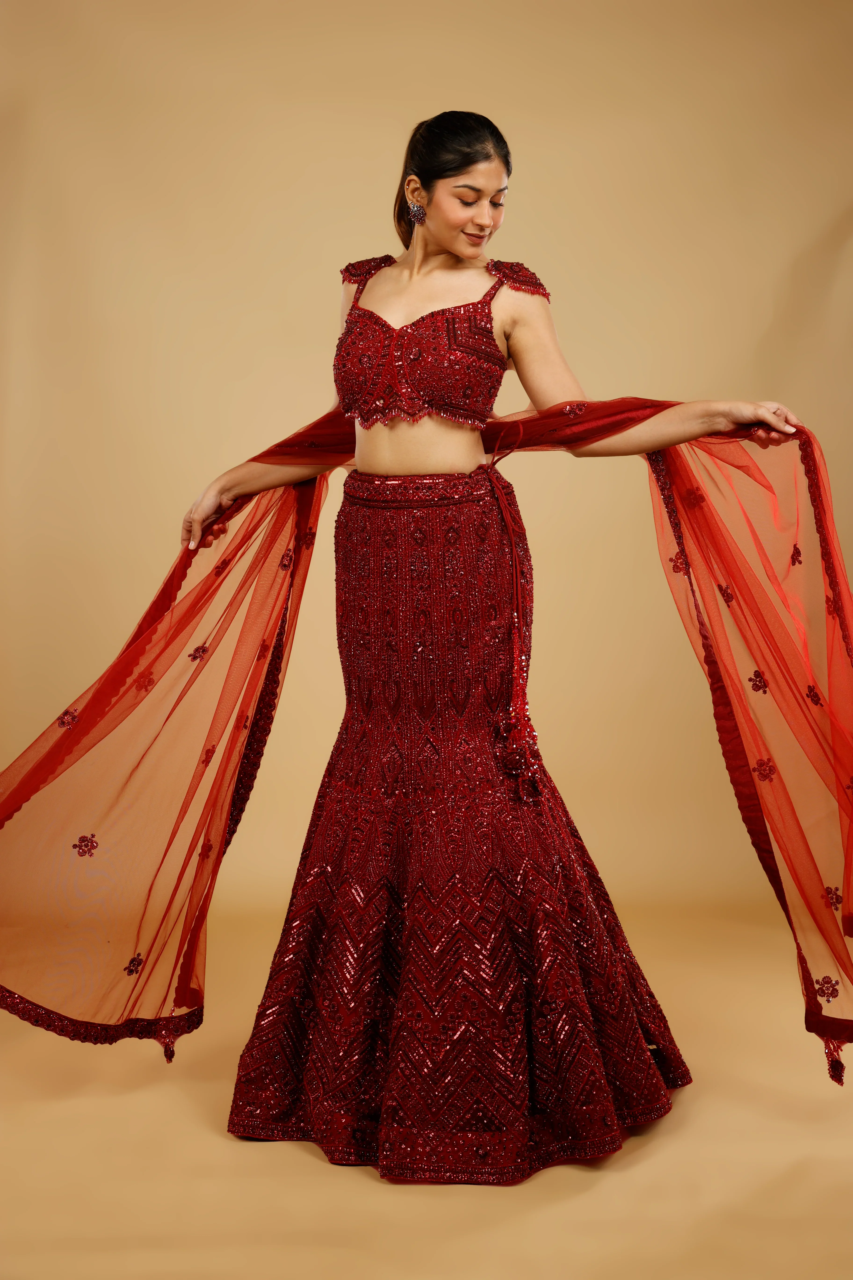 Maroon Hand-Embroidered Mermaid Lehenga Set - Mokshaa