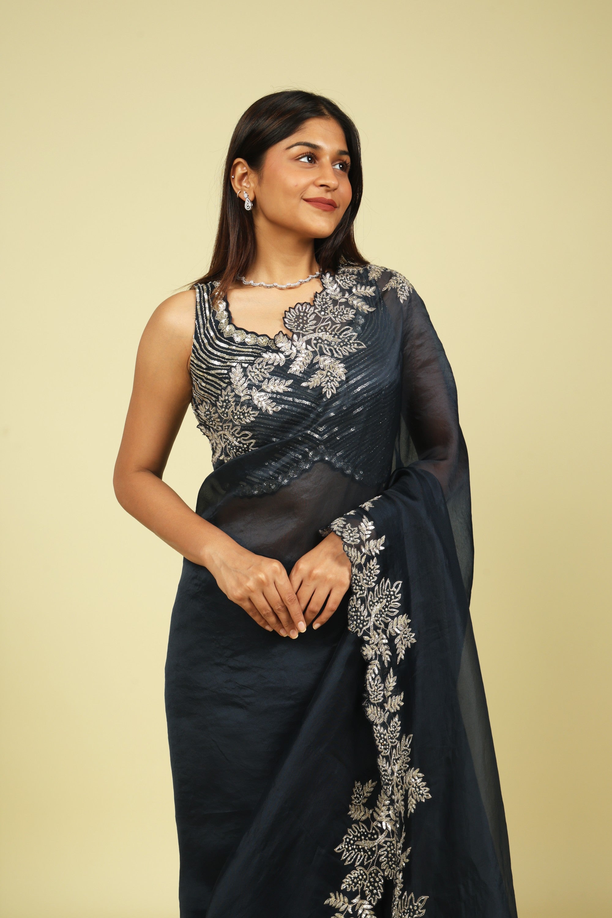 Navy Blue Organza Saree with Aari Beads, Sequins & Fancy Cut Border - Mokshaa