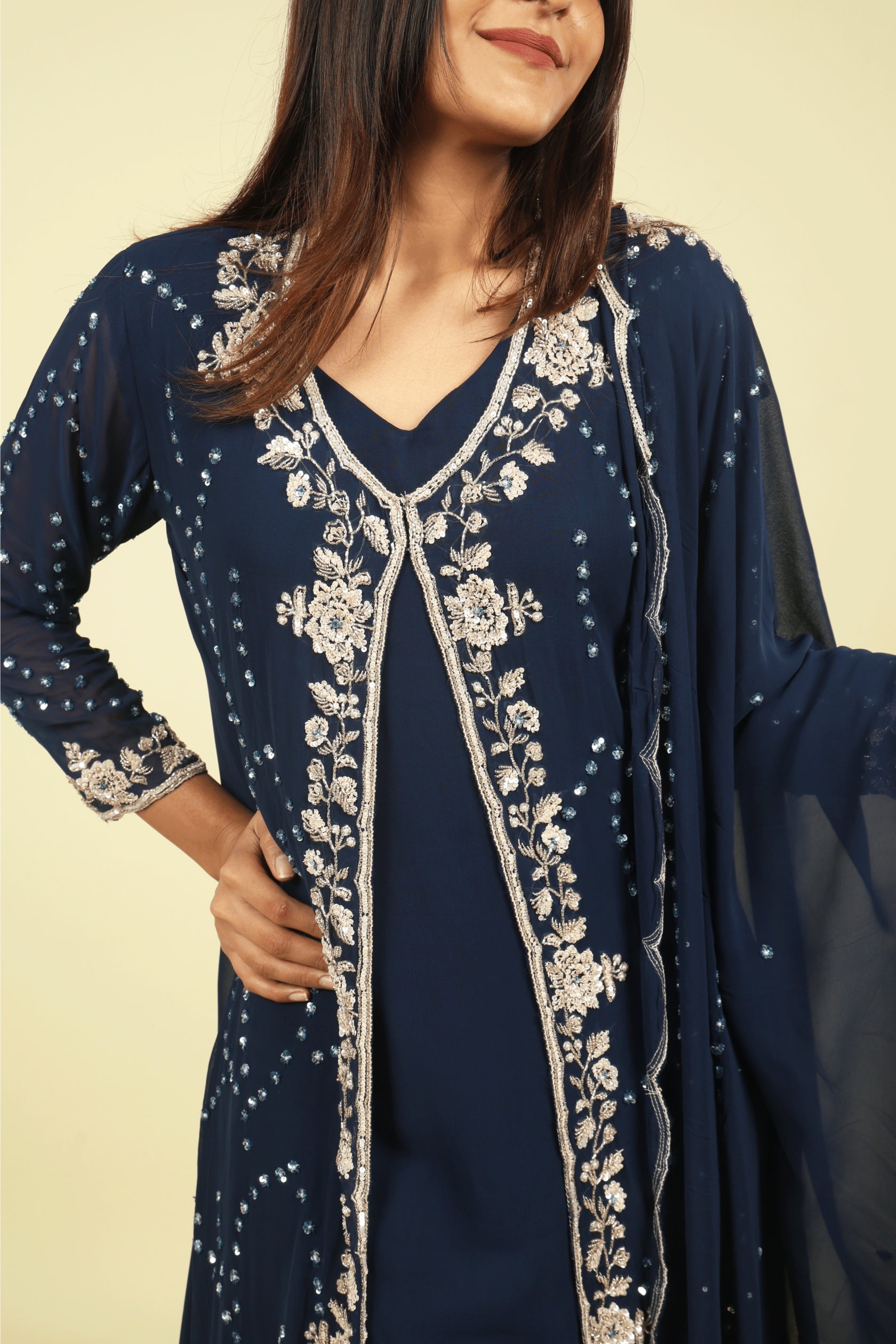 Navy Blue Georgette Anarkali Set with Cape & Dupatta - Mokshaa