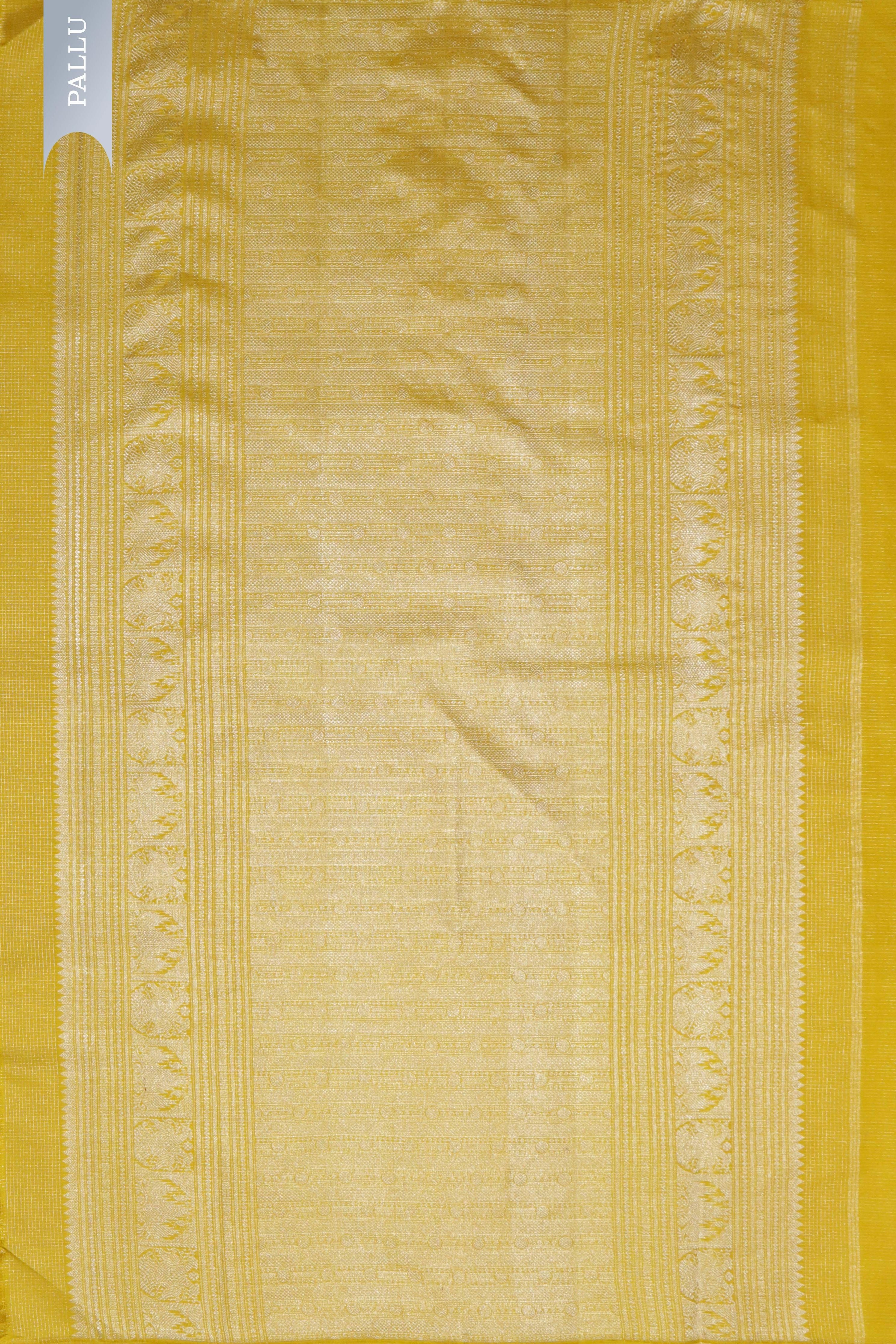 Yellow Kanchipuram Silk Saree with Small Silver Zari Checks & Motifs - Mokshaa