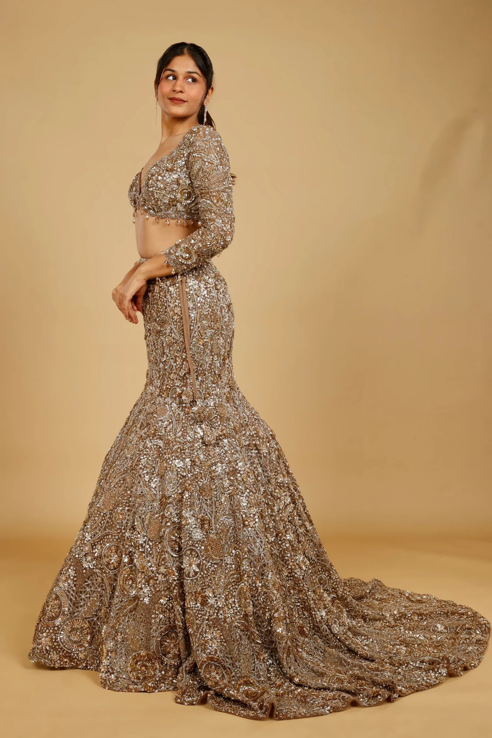 Dark Gold Net Mermaid Lehenga Set with Sequin, Stone & Kutdana Embroidery - Mokshaa