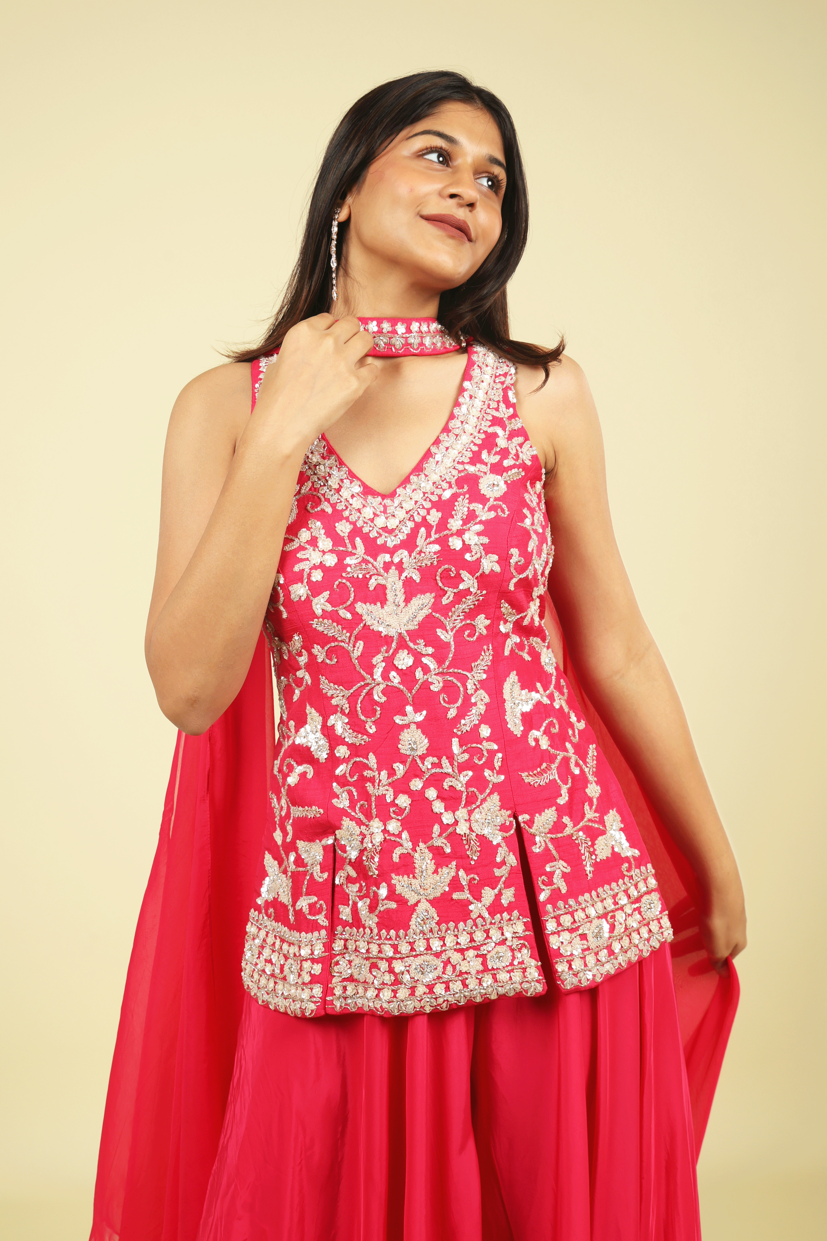 Pink Silk Palazzo Set with Embroidered Top & Organza Choker Dupatta - Mokshaa