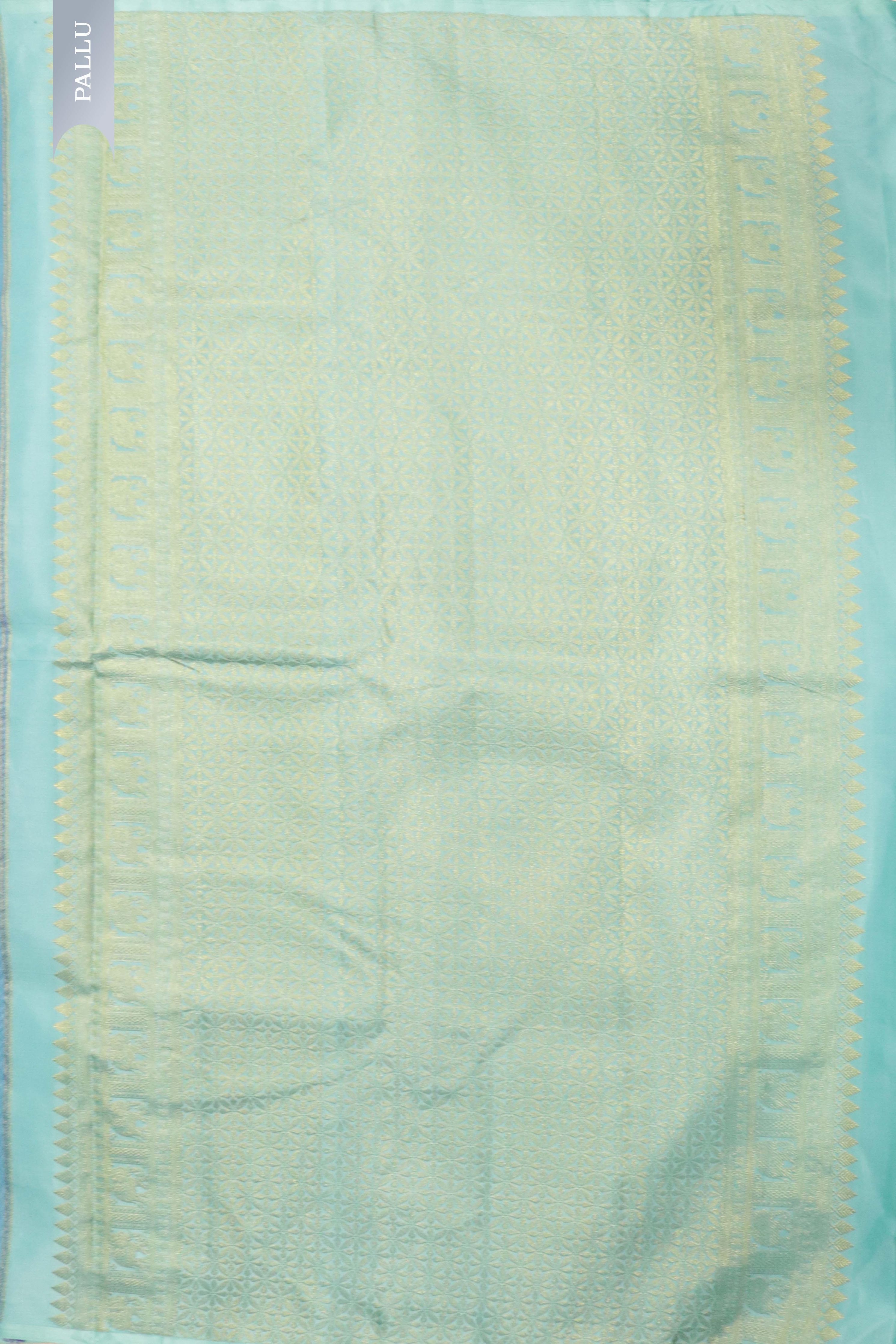 Ink Blue Kanchipuram Silk Saree with Gold & Silver Motifs and Contrast Light Blue Pallu - Mokshaa