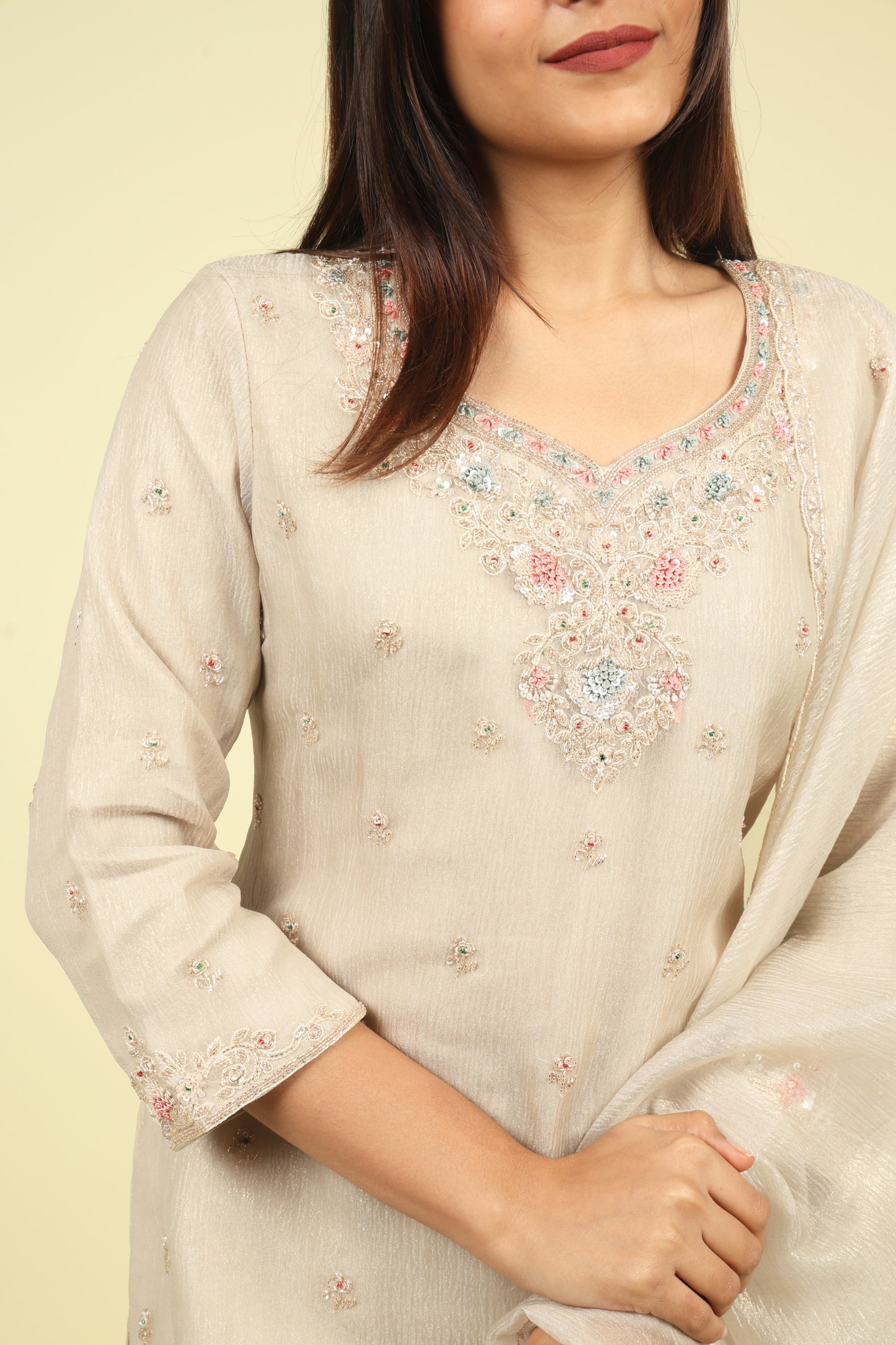 Beige Embroidered Crush Tissue Sharara Set - Mokshaa