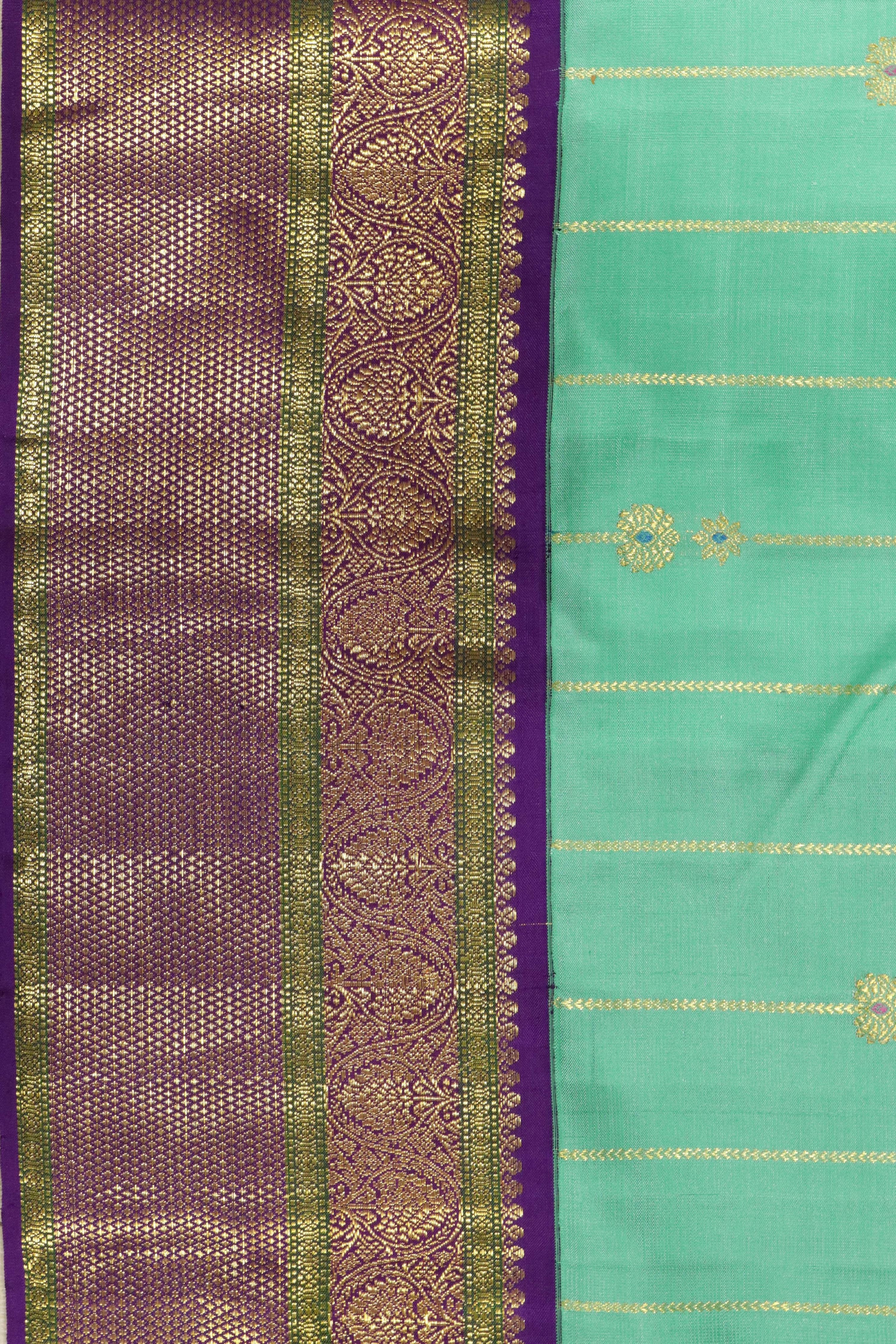 Turquoise Blue Kanchipuram Silk Saree with Zari Stripes, Buttas & Contrast Border - Mokshaa