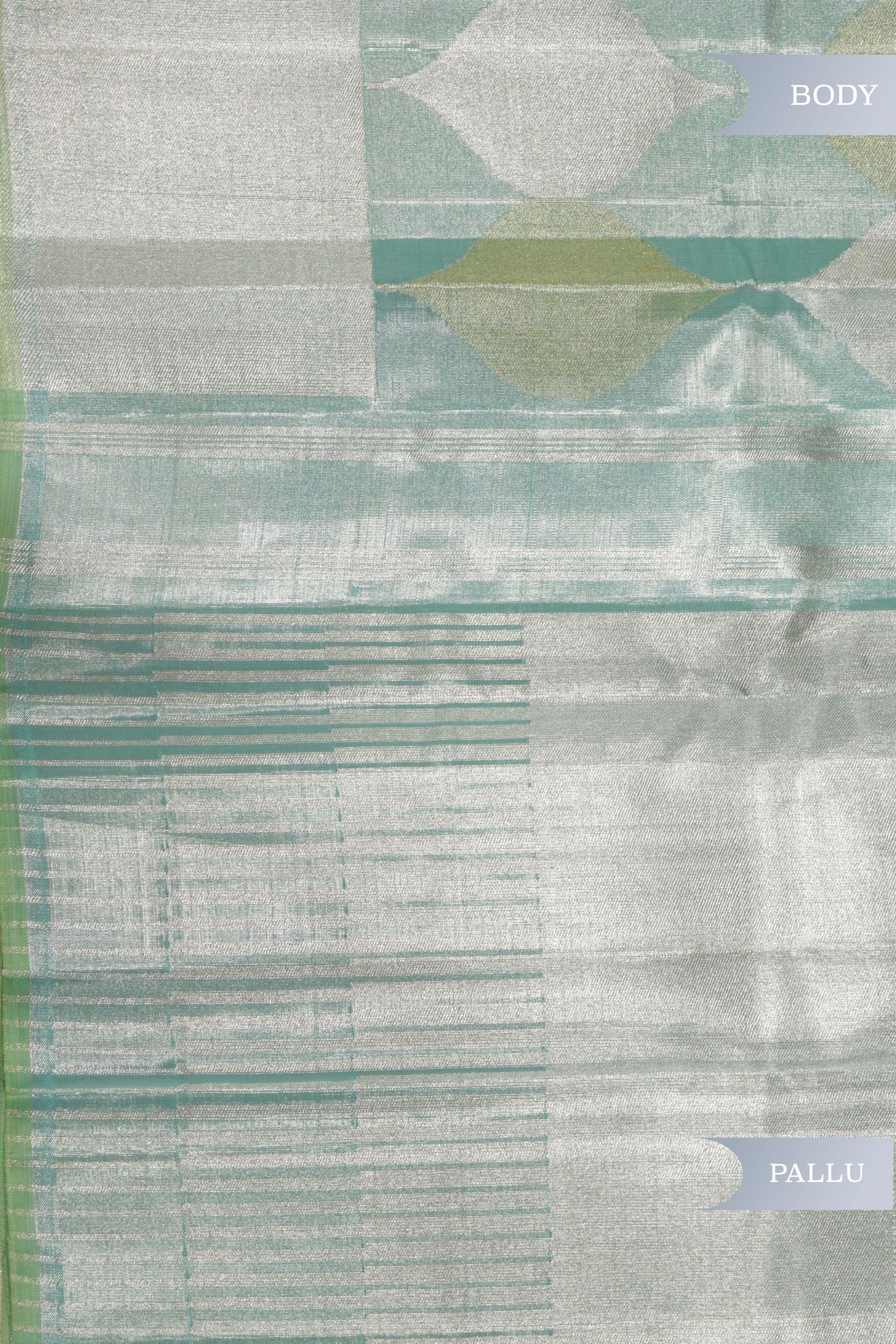 Ice Blue Kanchipuram Tissue Saree with Silver & Gold Jaal Motifs and Self Zari Border - Mokshaa