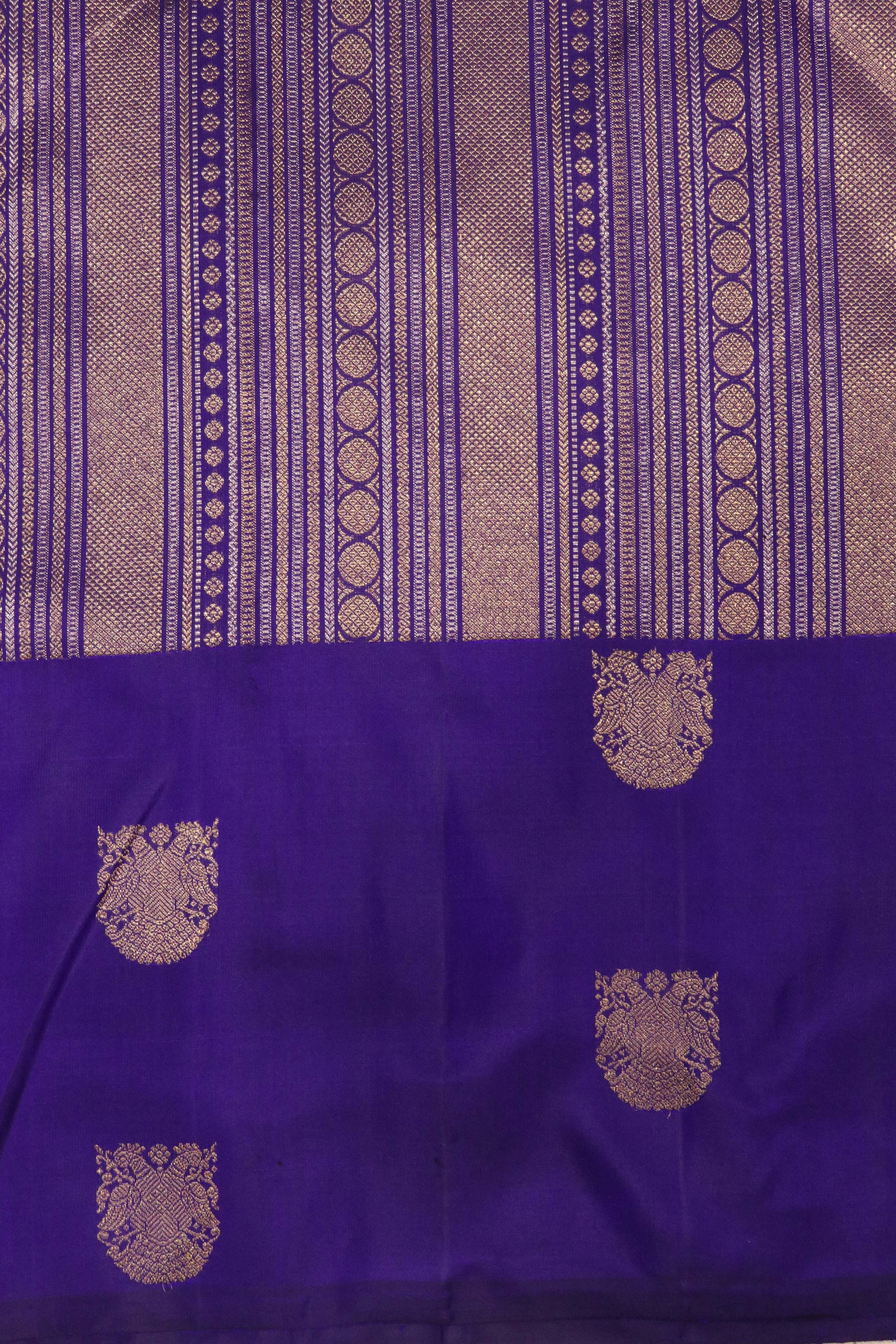 Blue Kanchipuram Silk Saree with Gold & Silver Geometrical Weaving and Zari Motif Border - Mokshaa