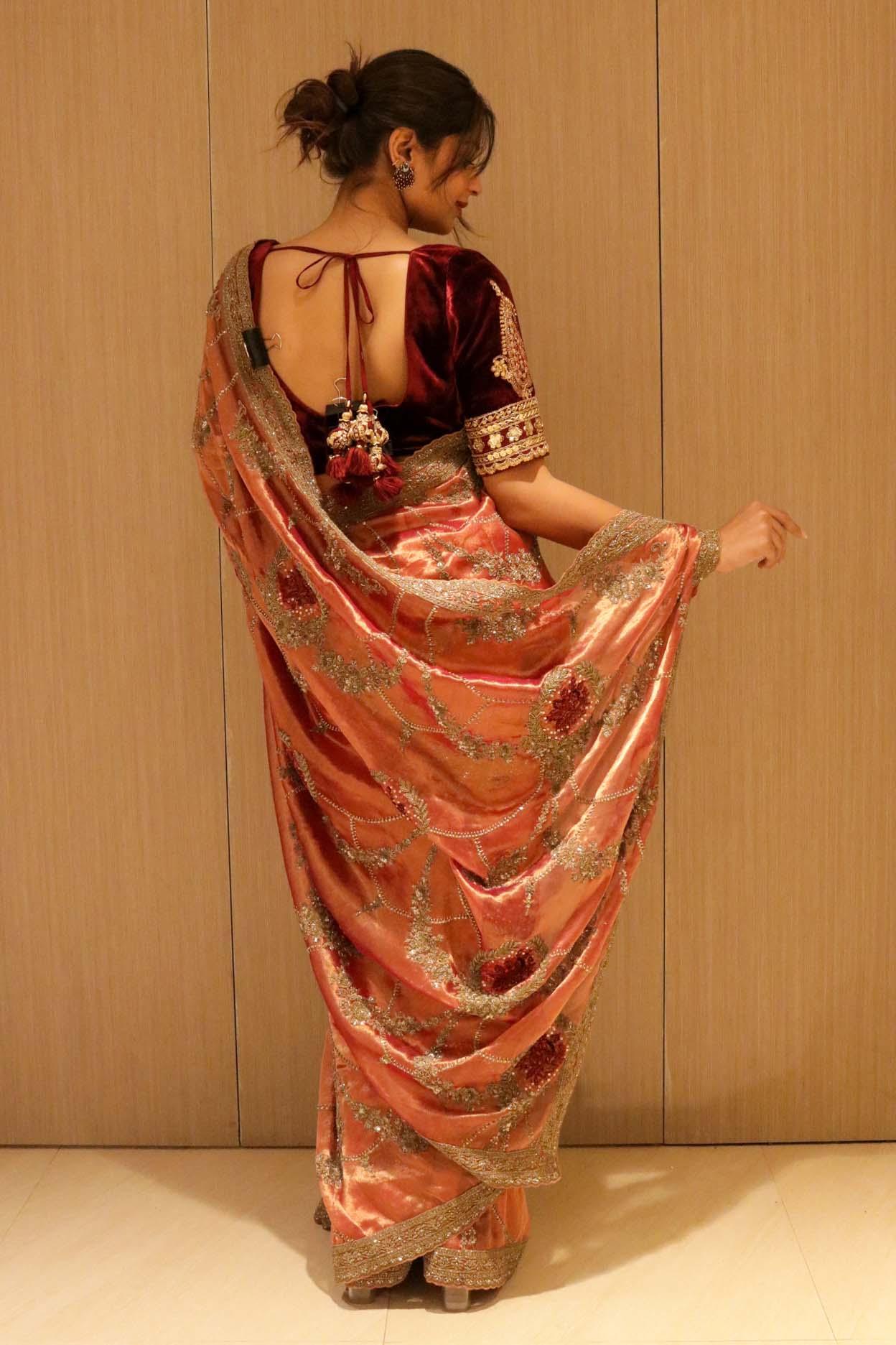 Rust Orange Tissue Saree with Antique Zardosi & Bead Work - Mokshaa