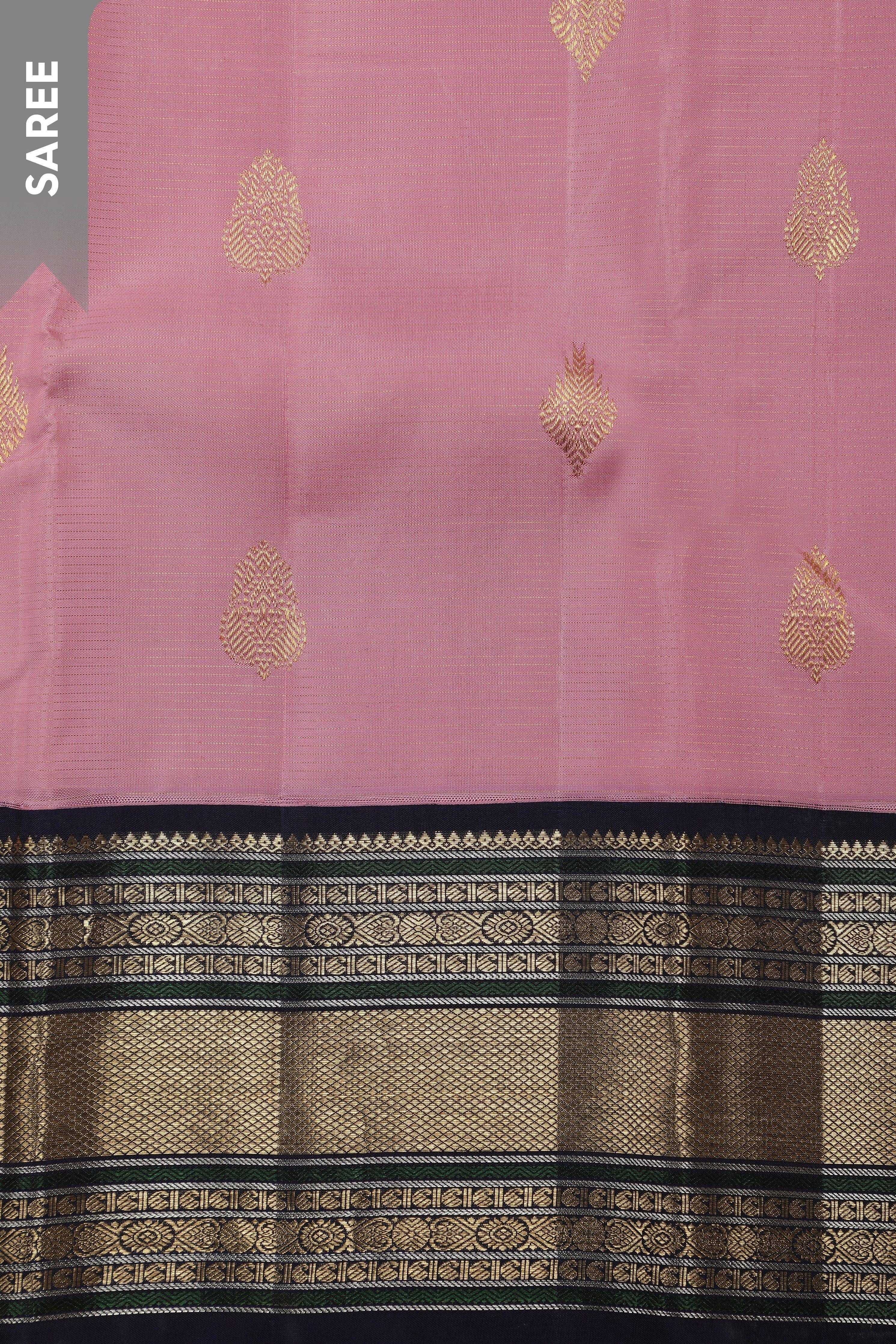 Light Pink Kanchipuram Silk Saree with Zari Motifs and Traditional Border - Mokshaa