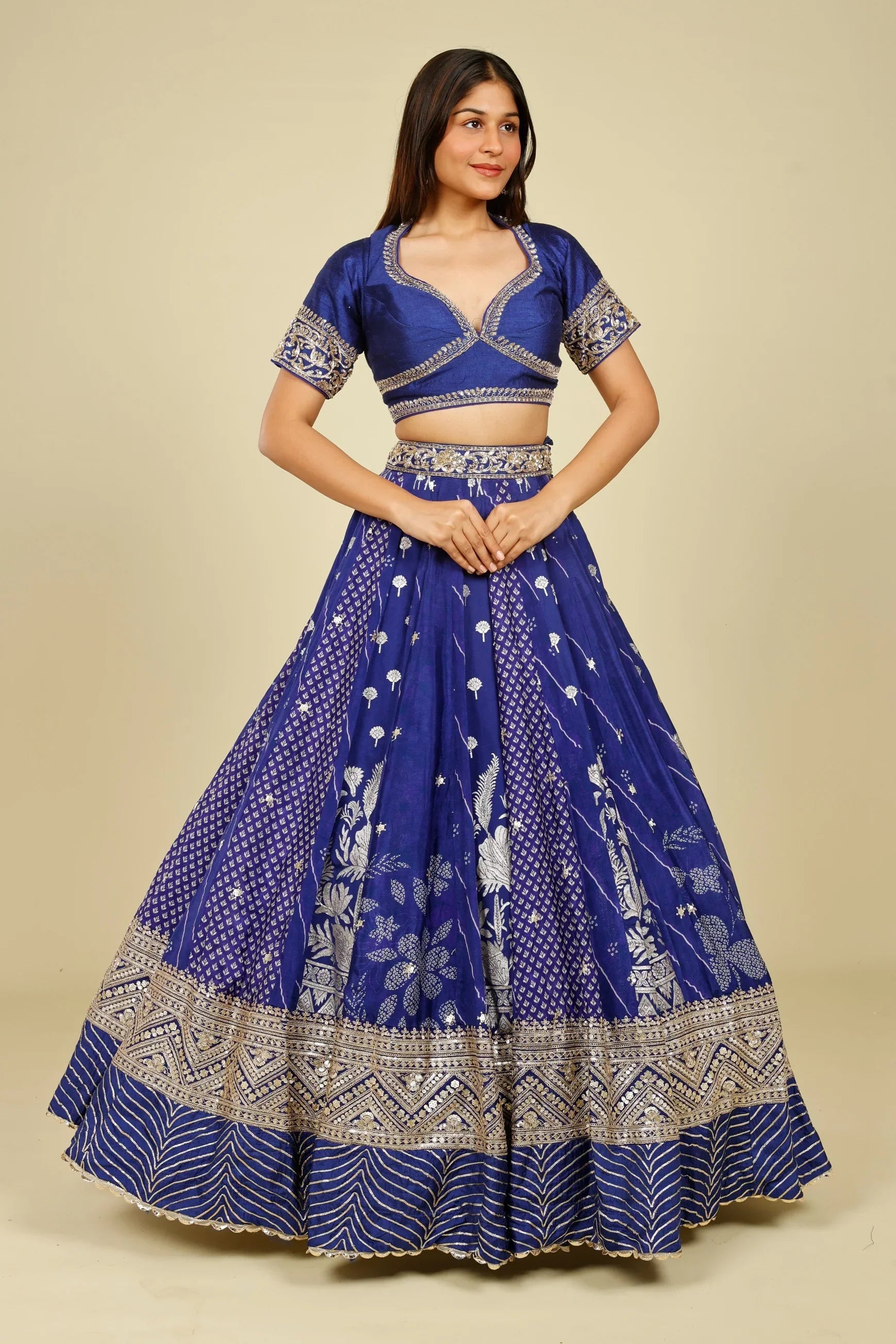 Royal Blue Printed Crepe Silk Lehenga Set with Zardozi & Gota Embroidery - Mokshaa