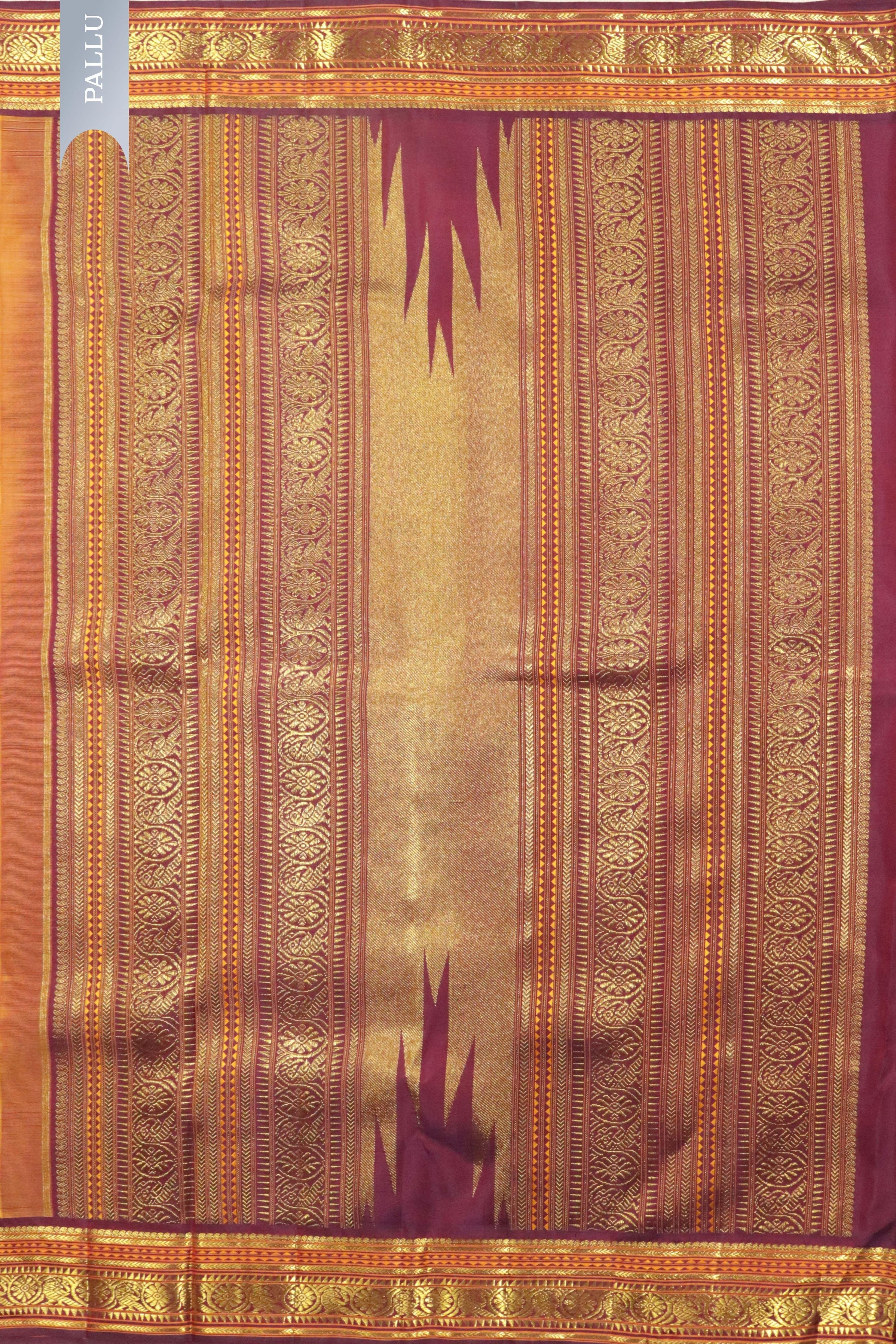 Pastel Orange Kanchipuram Silk Saree with Silk Thread Motifs & Contrast Zari Border - Mokshaa