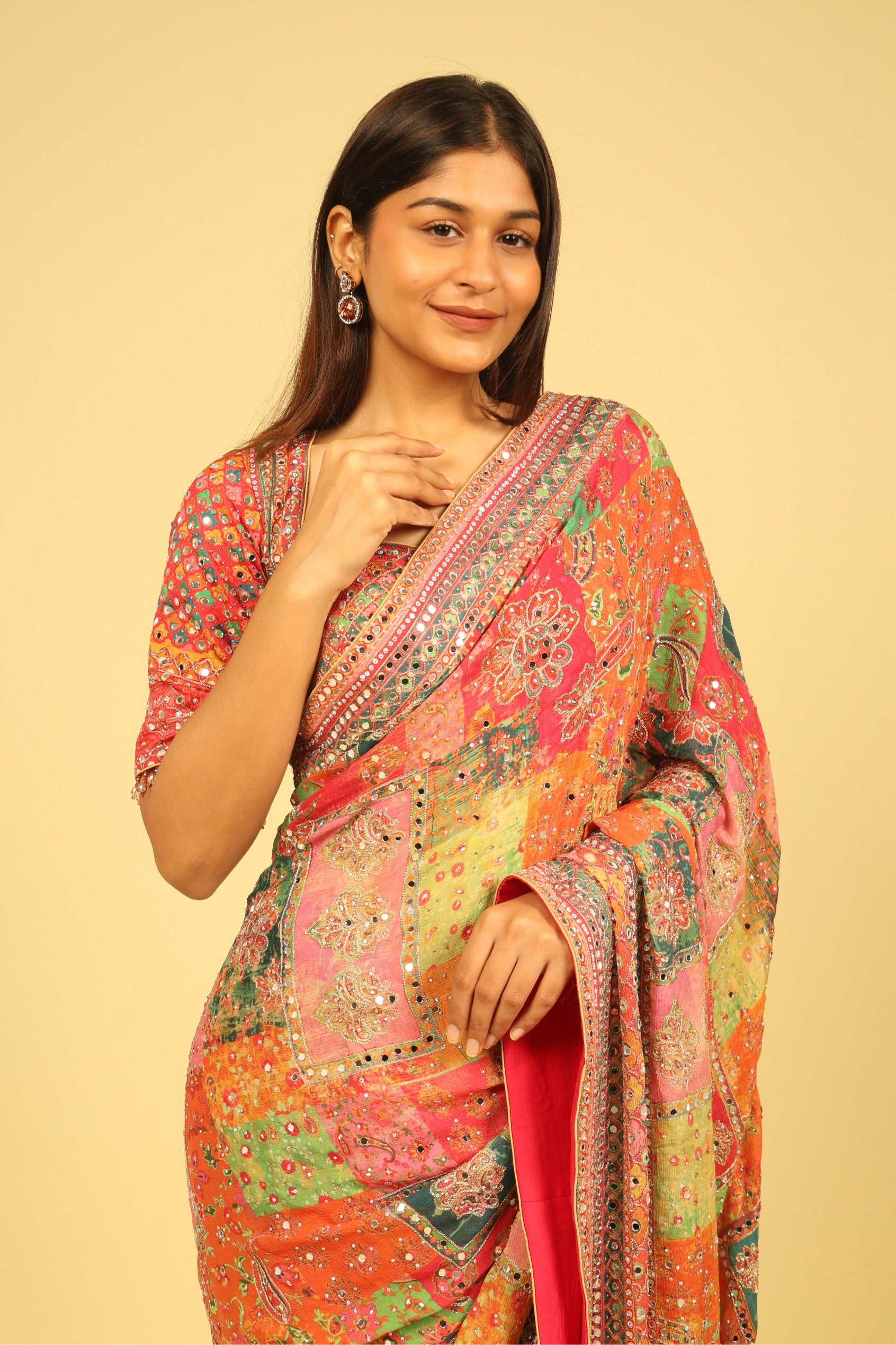 Multicolour Soft Georgette Saree with Digital Print, Sequin & Mirror Highlights - Mokshaa