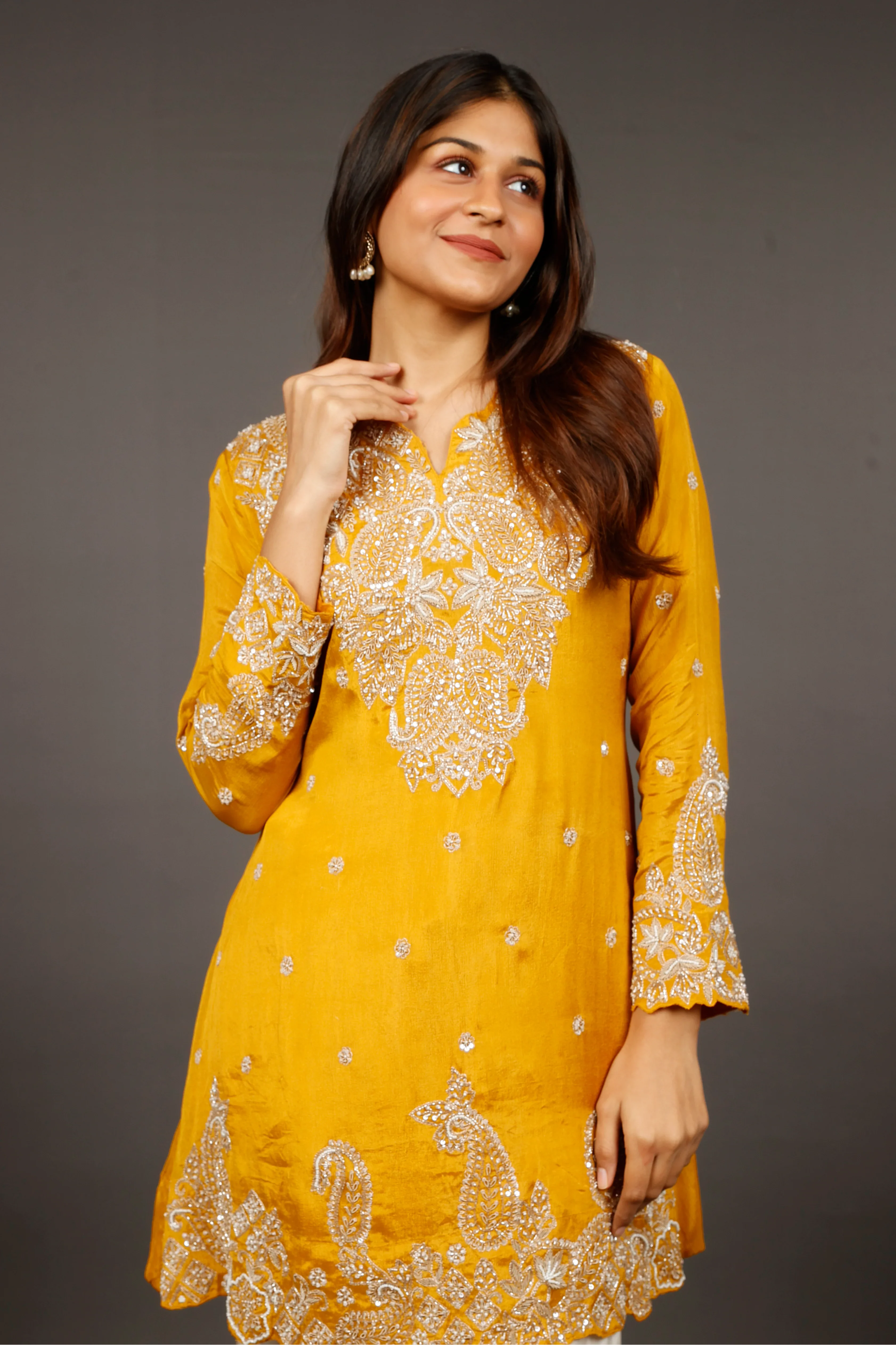 Yellow Chinon Silk Indo-Western Kurta with Cream Dhoti Pants - Mokshaa