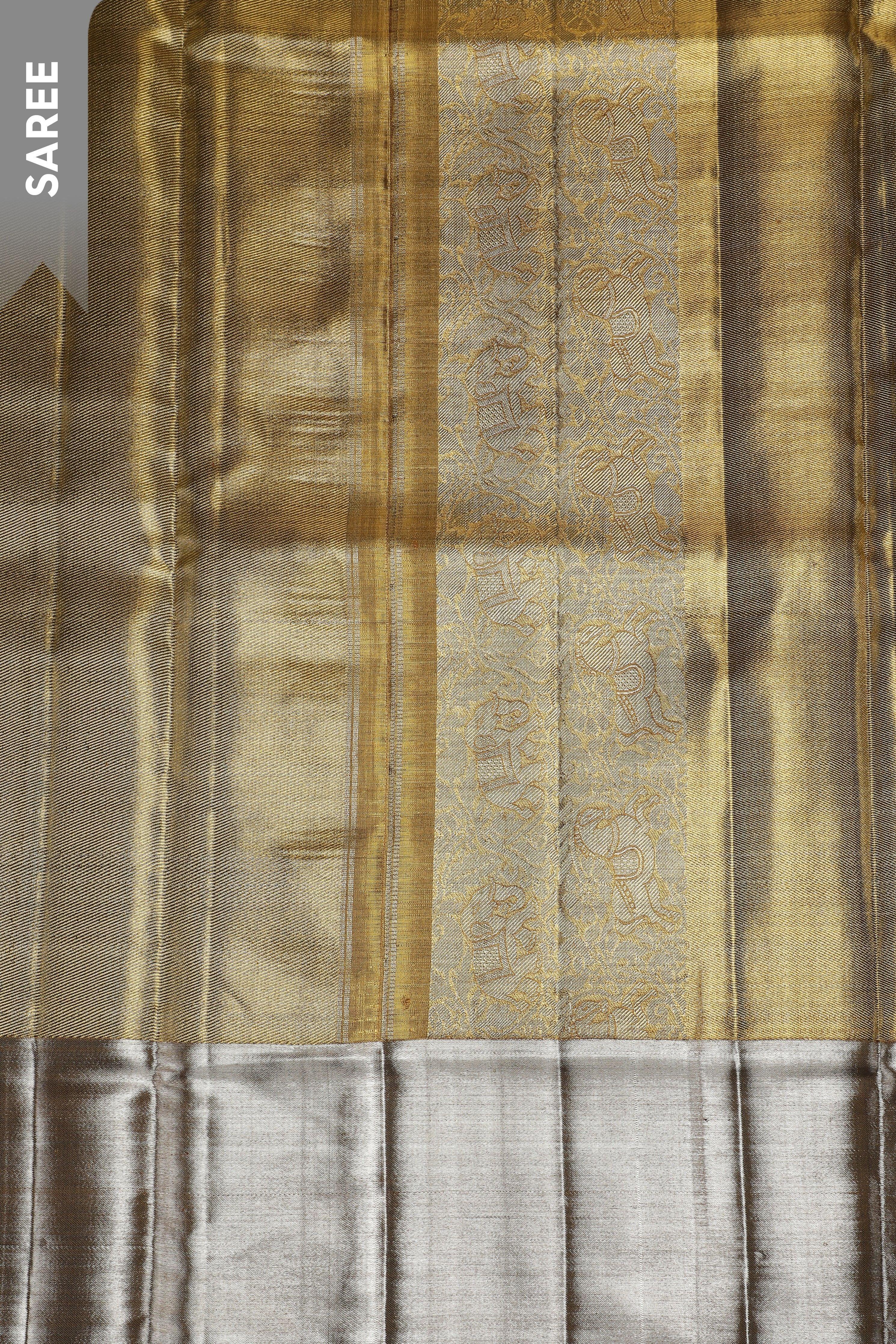 Gold and Silver Tissue Silk Saree with Contrast Silver Tissue Border - Mokshaa