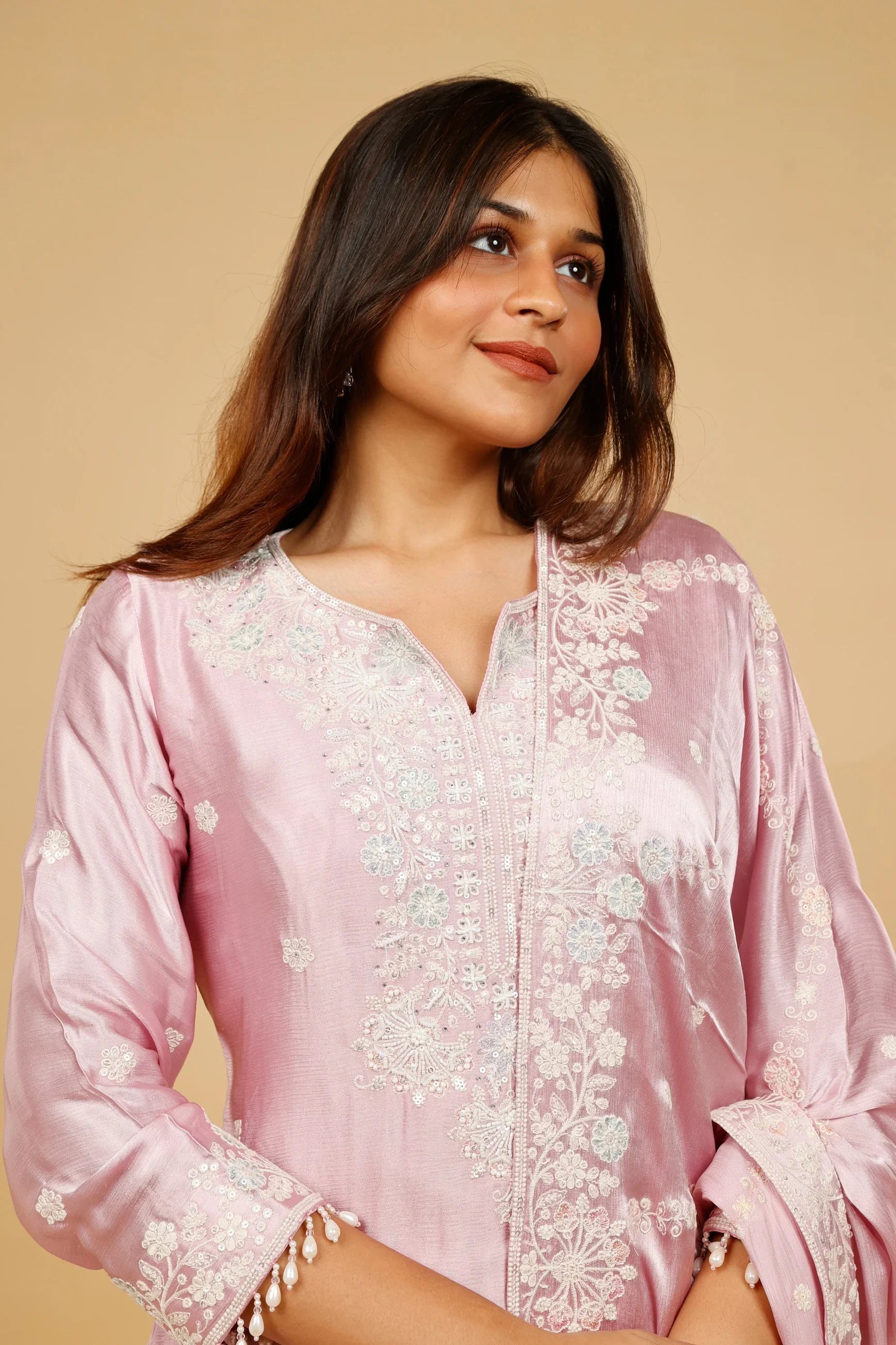 Blush Pink Chinon Silk Sharara Set with Thread, Pearl & Sequin Embroidery - Mokshaa