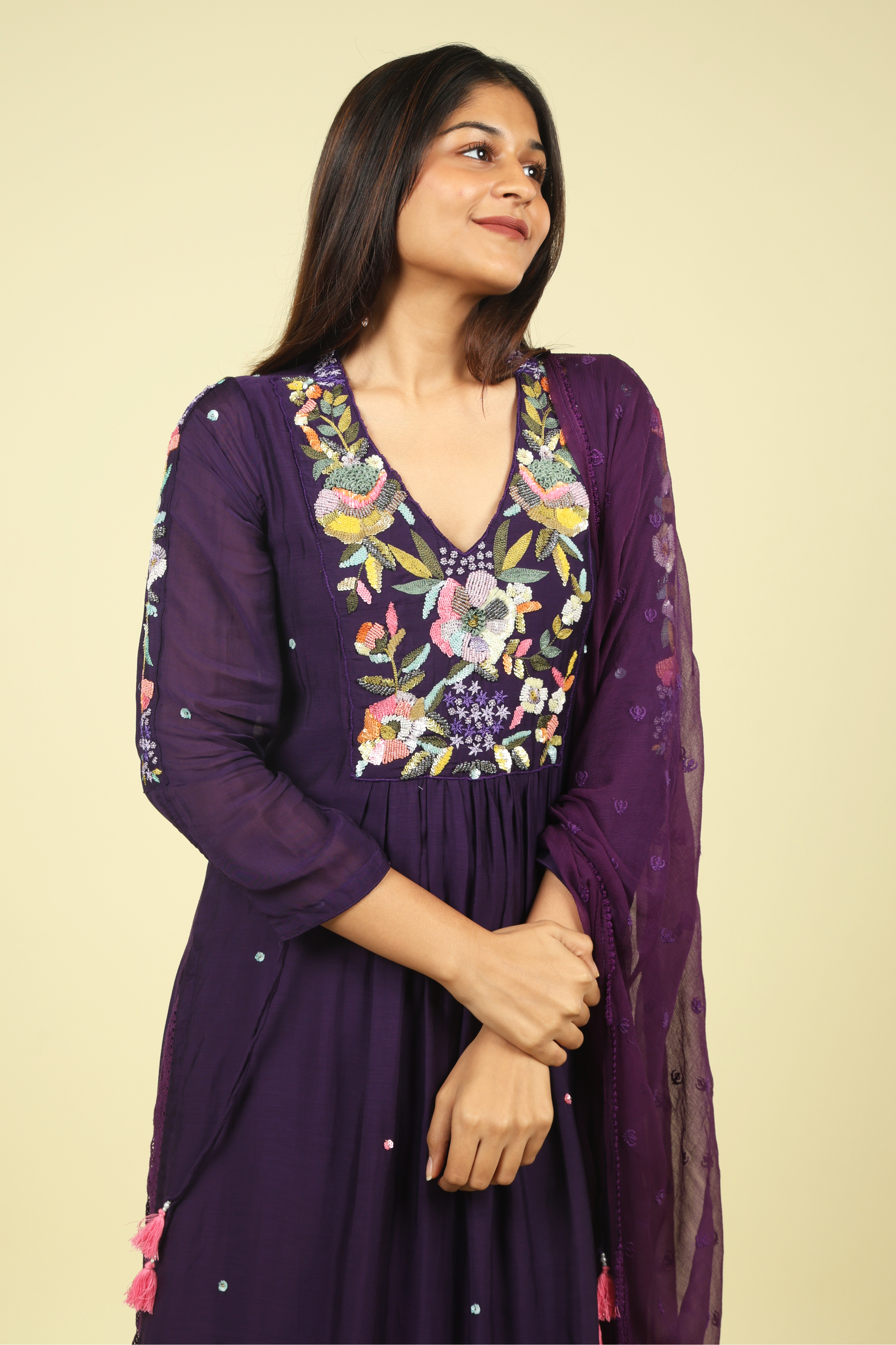 Purple Embroidered Mul Chanderi Salwar Set - Mokshaa
