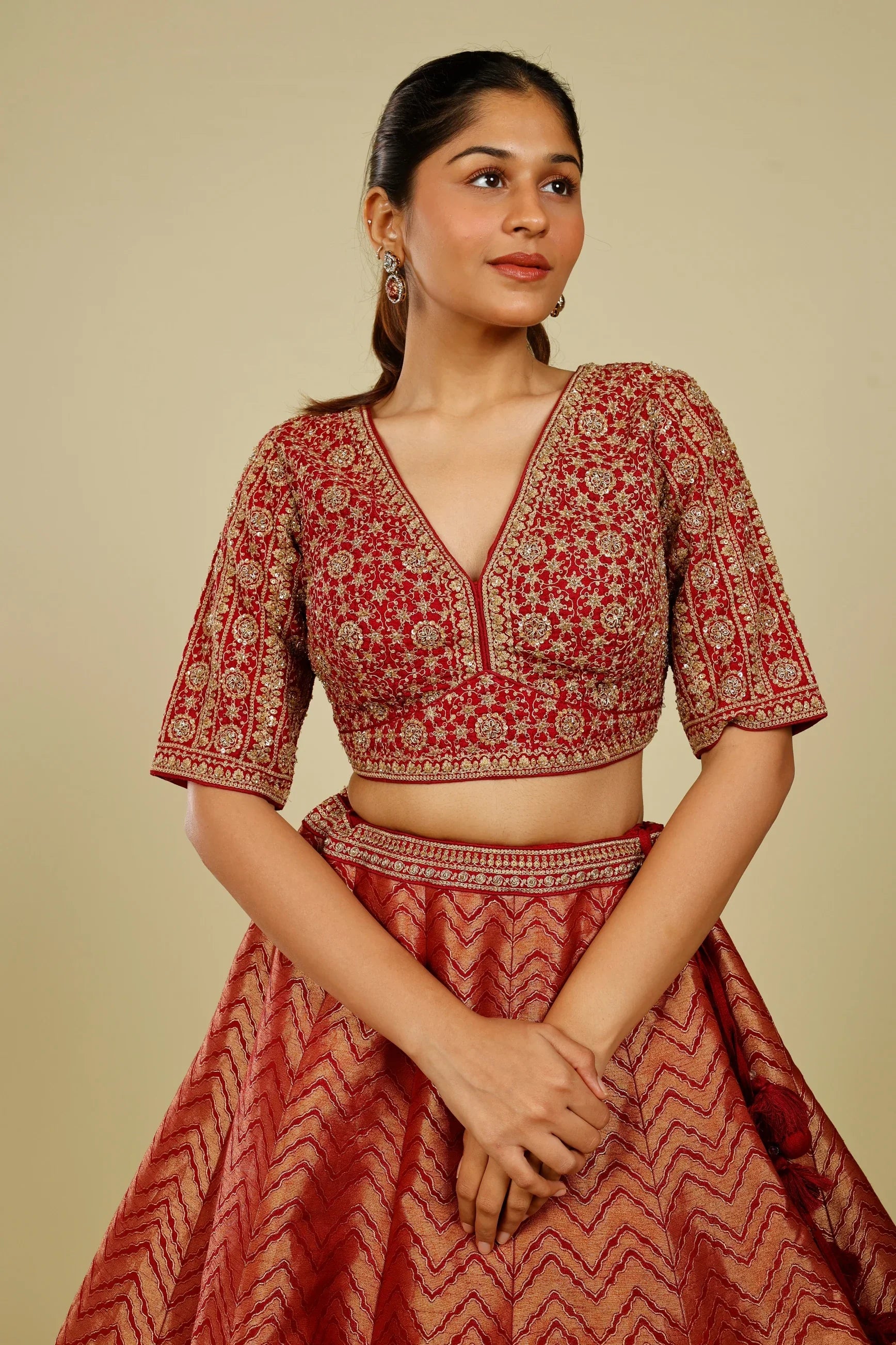 Maroon Banarasi Lehenga Set with Zari, French Knot & Cutdana Embroidery - Mokshaa
