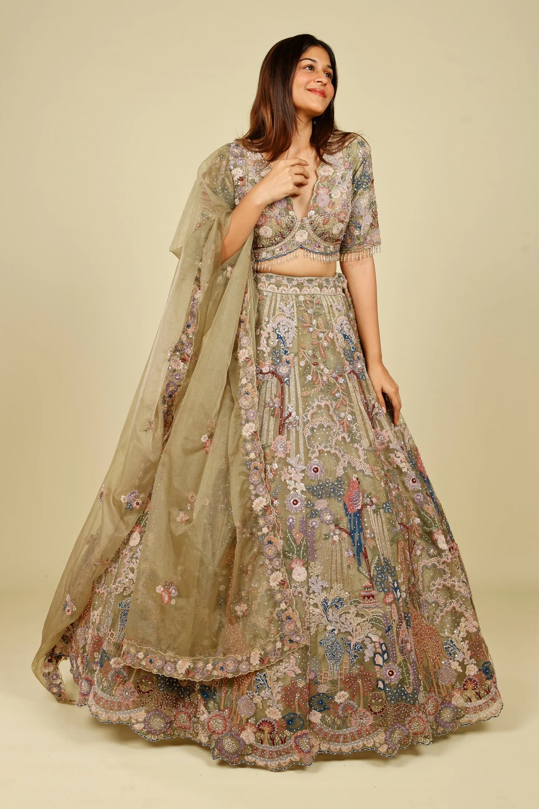 Olive Green Organza Embroidered Lehenga with Multicolour Zari, Sequins & Pearl Work - Mokshaa