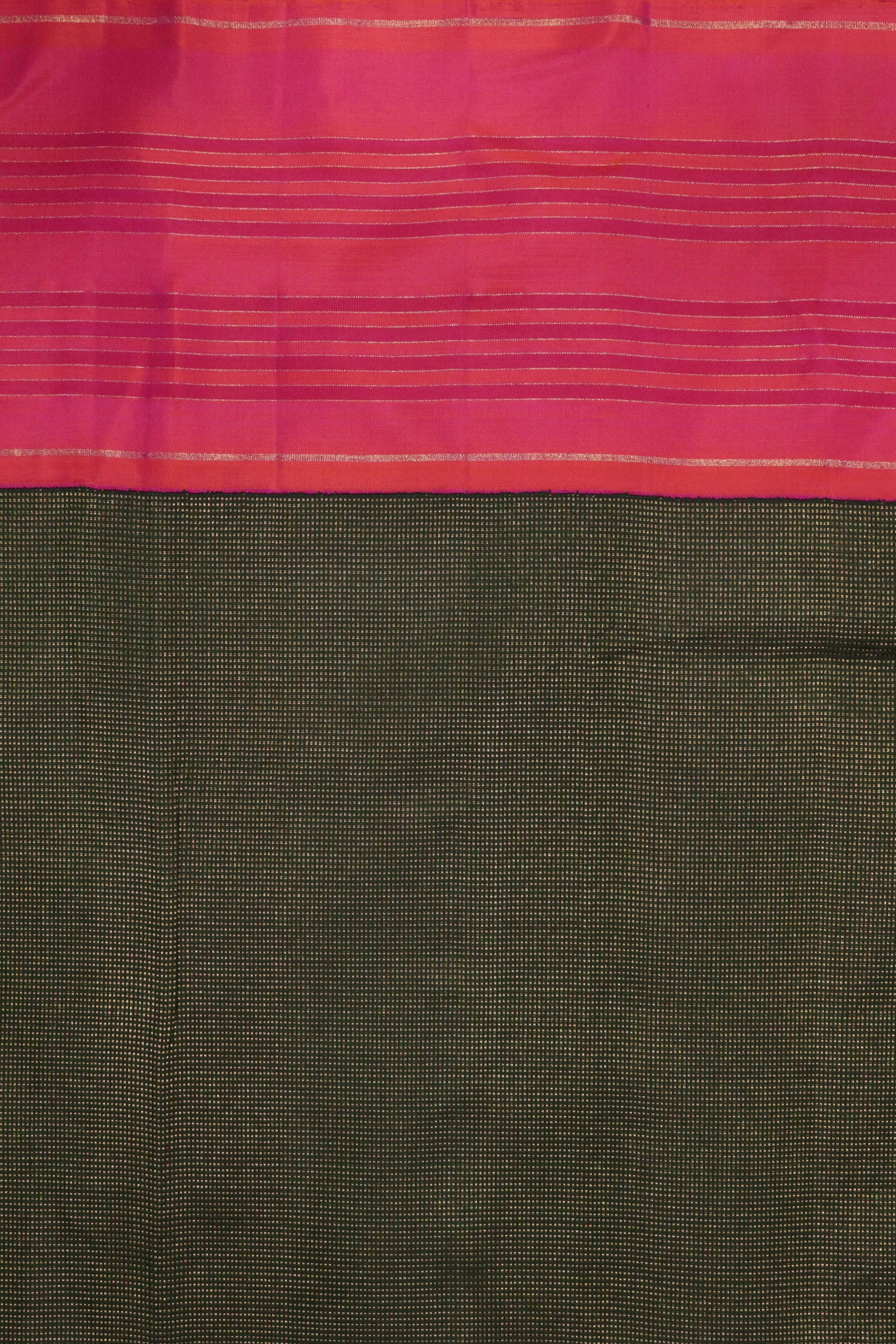 Bottle Green Kanchipuram Silk Saree with Self Zari Chattai Weaving and Contrast Pink Border - Mokshaa