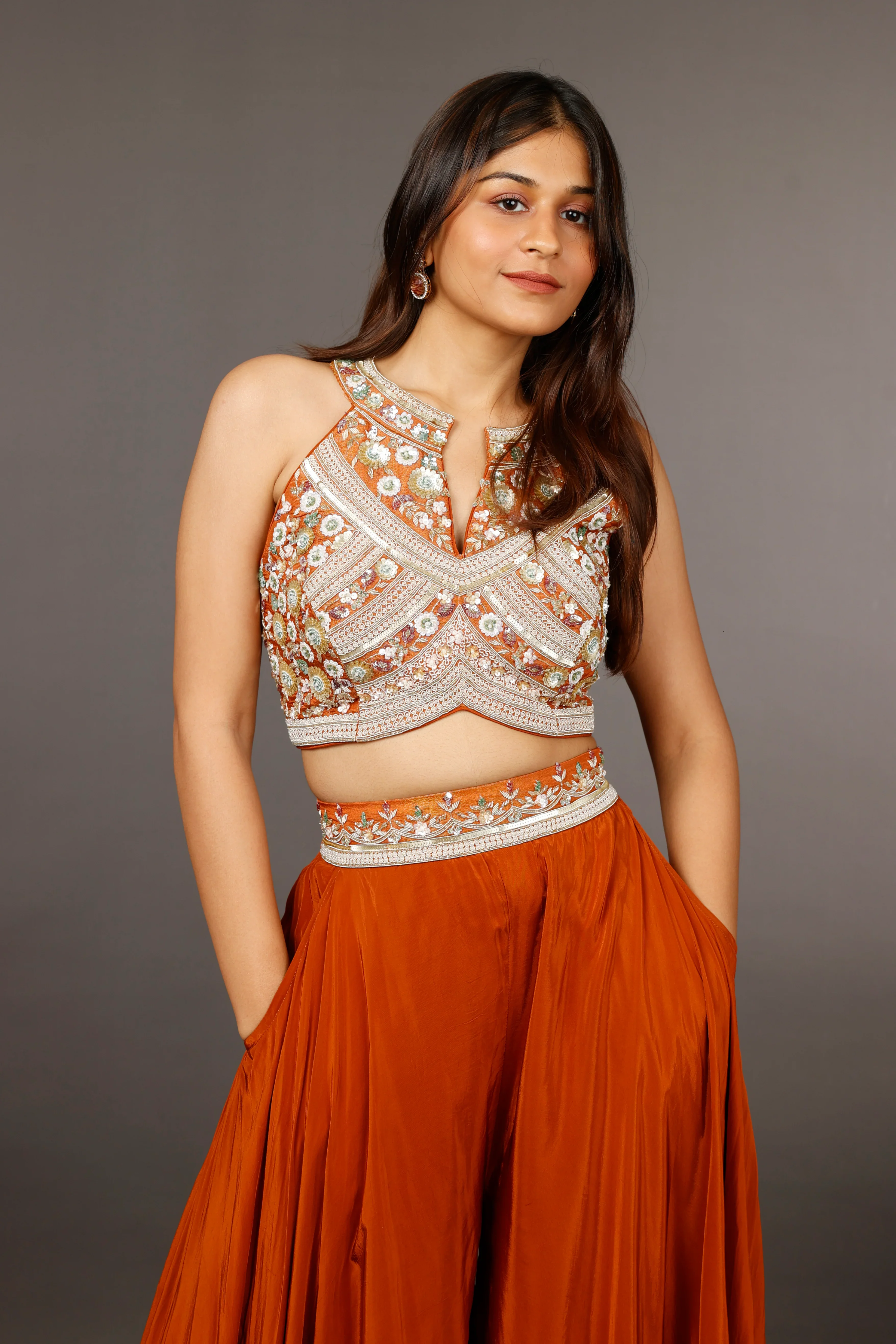Rust Orange Crepe Silk Crop Top with Palazzo, Tissue Halter Blouse - Mokshaa