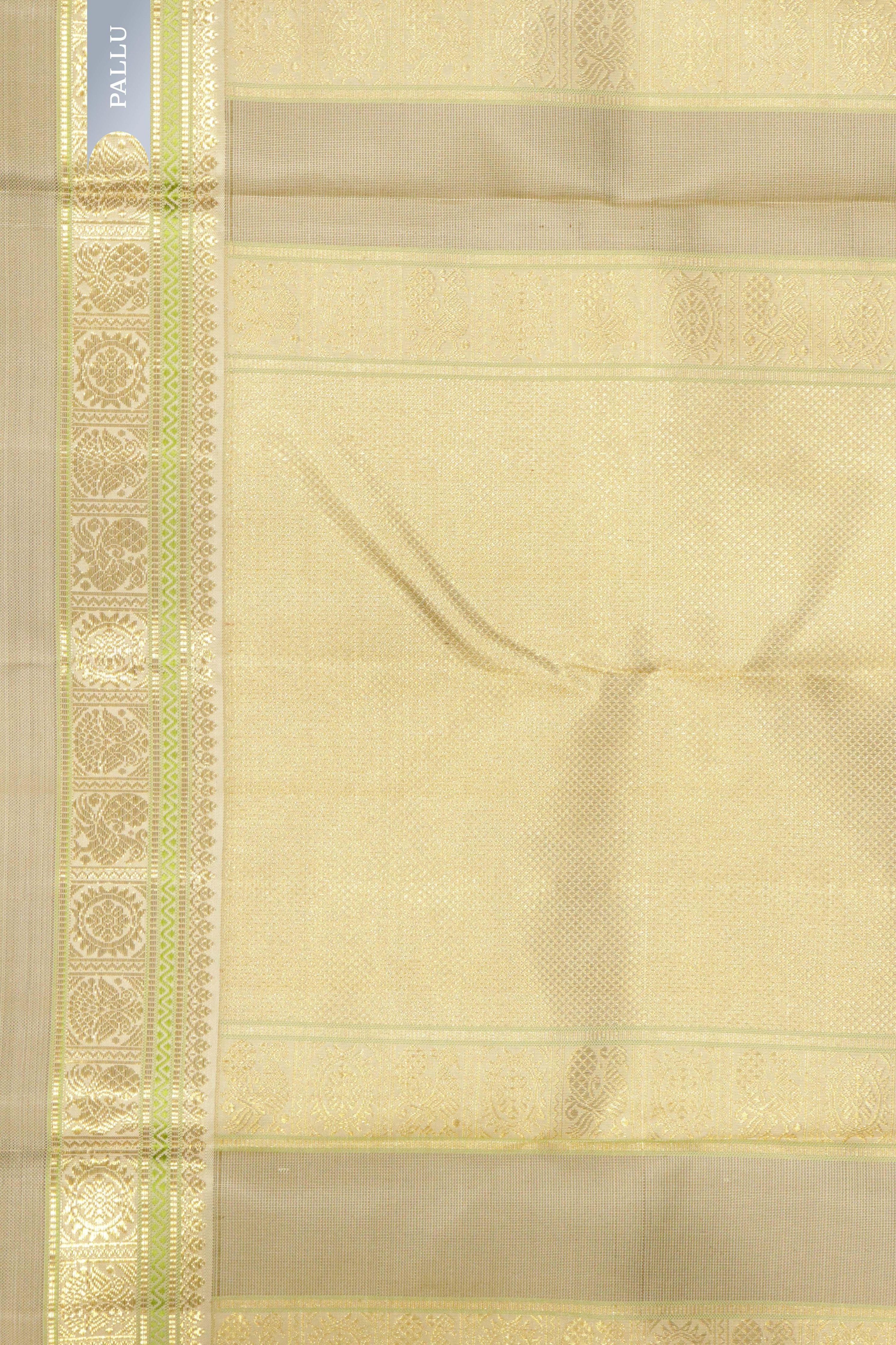 Bottle Green Kanchipuram Silk Saree with Silver & Gold Zari Thread Motifs and Contrast Border - Mokshaa