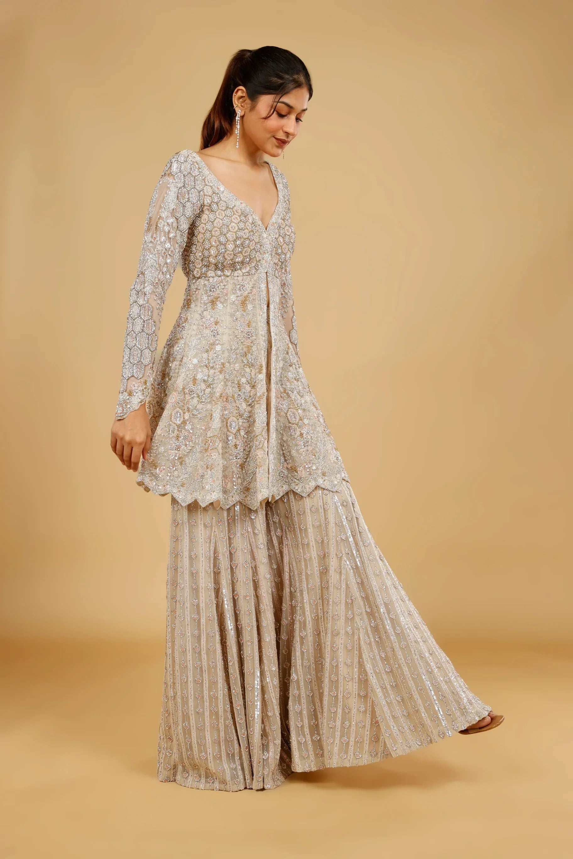 Ivory Net Sharara Set with Stone, Kundan & Sequin Embroidery - Mokshaa