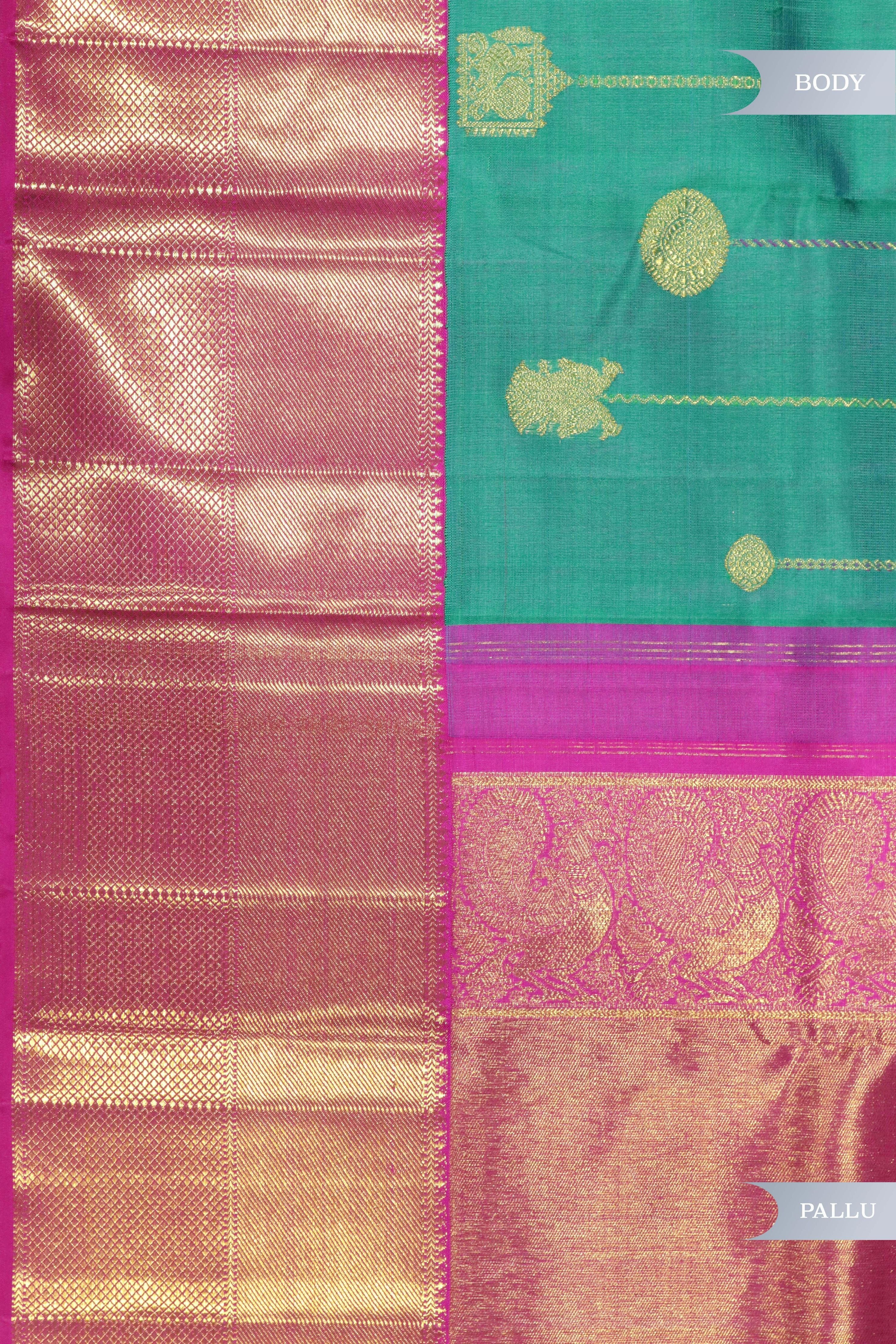 Turquoise Blue Kanchipuram Silk Saree with Zari Stripes, Buttas & Contrast Border - Mokshaa
