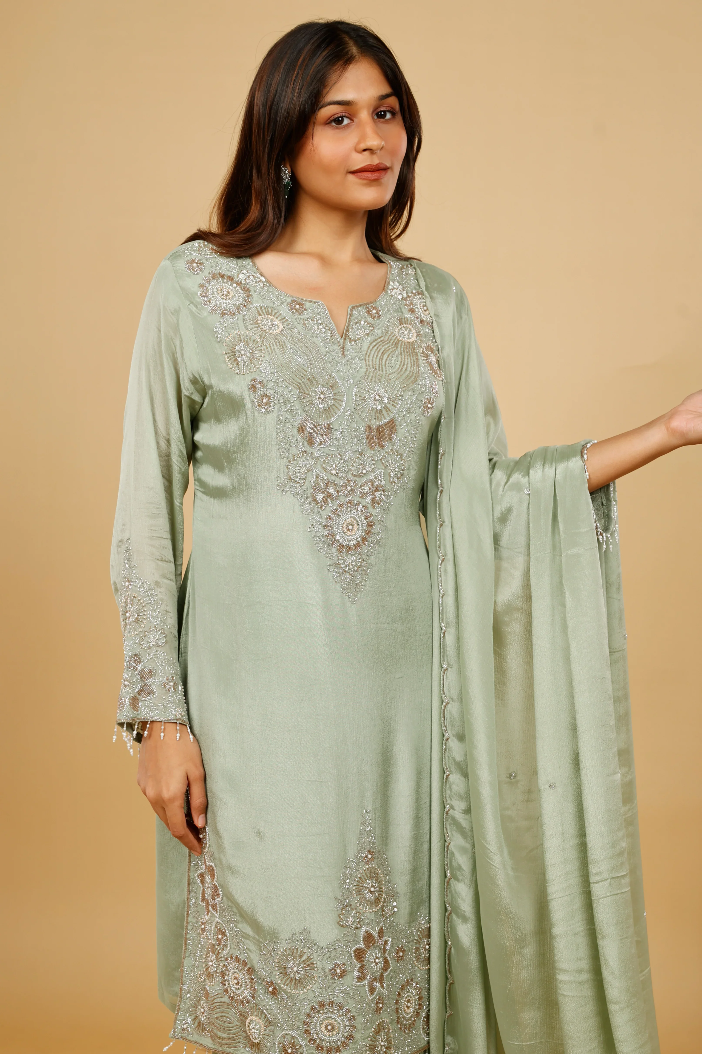 Mint Green Chinon Silk Sharara Set with Kutdana & Pearl Embroidery - Mokshaa